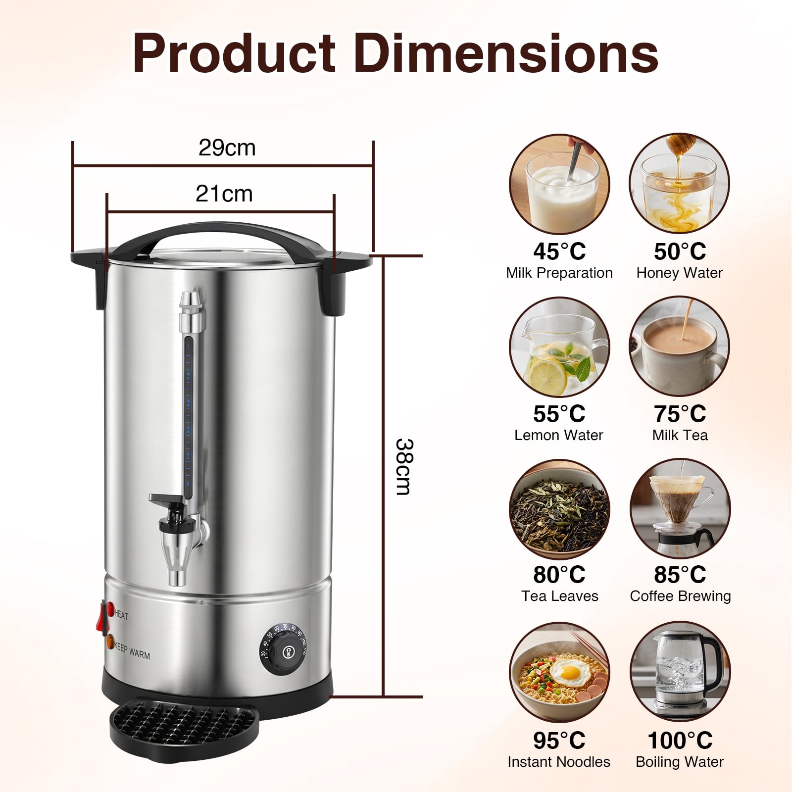 Cafetière urne de 8 l avec filtre rond, en acier inoxydable 304, avec réglage de la température de 30 à 110 °C et indicateur de niveau, pour maison, fête, bureau, mariage