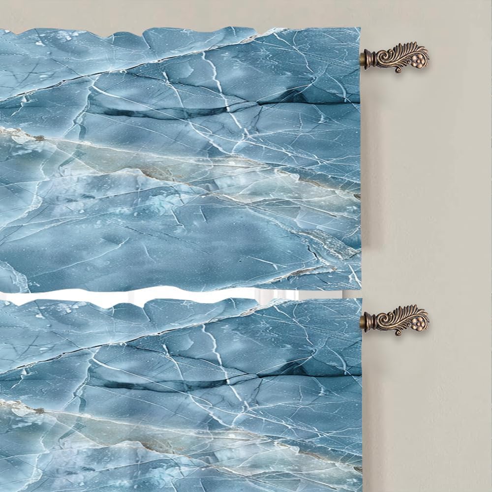 2 Panels Abstract Blue Marble Window Valances, Rod Pocket Classic Modern Geometric Short Curtains Window Treatment for Kitchen, Bathroom, Bedroom Decor, 54" W X 18" L