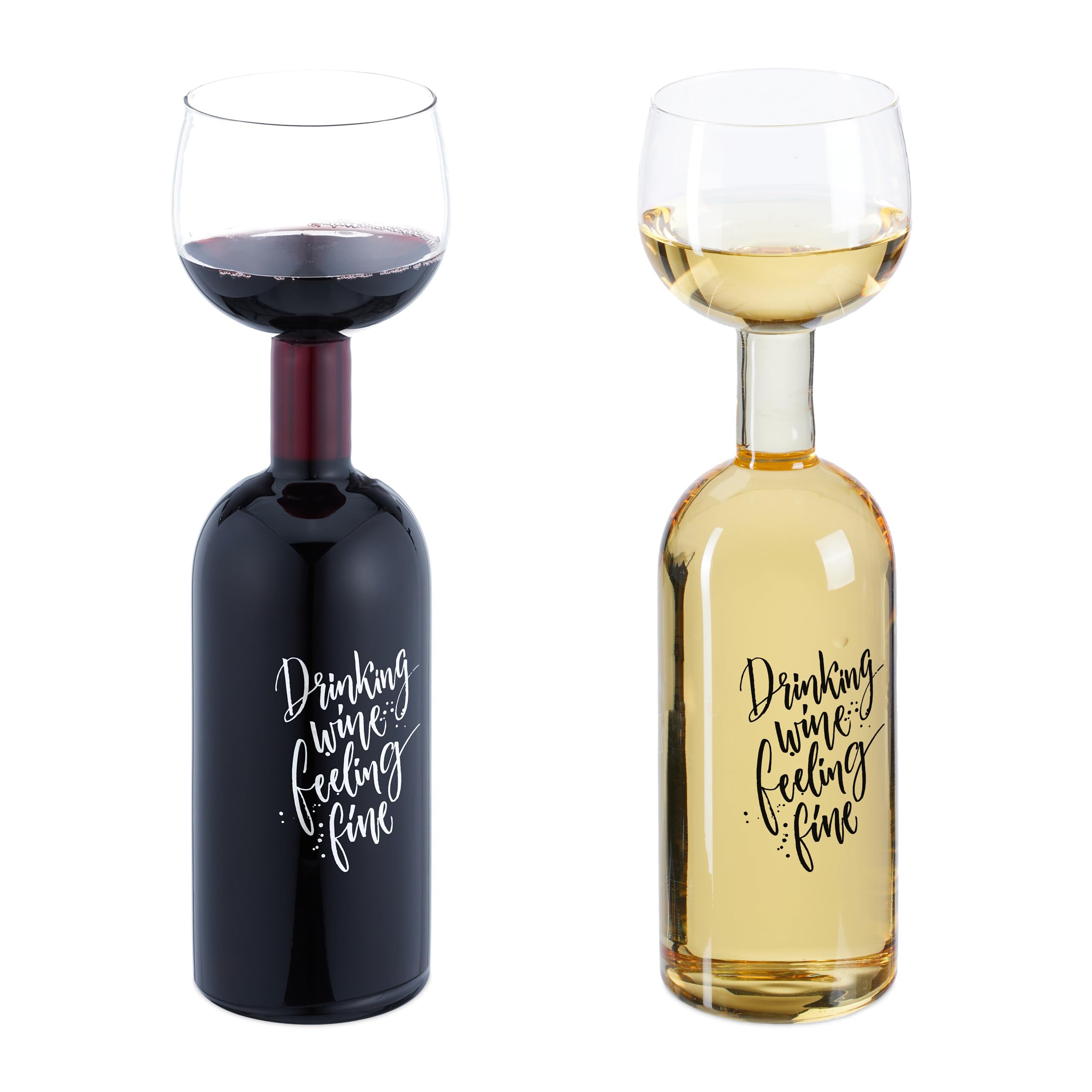 Relaxdays Bottle Glass, Fun Gift, Drinking wine feeling fine Inscription in Black & White, Vol. 750 ml, Transparent