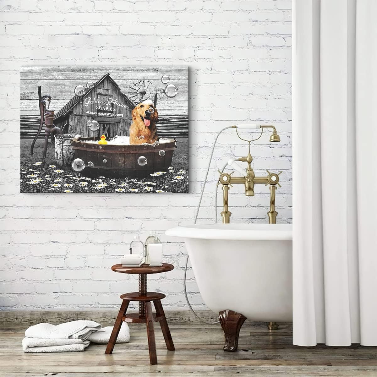 Golden Retriever in Bathtub Wall Art Funny Dog Pictures Wall Decor Farmhouse Bathroom Decor Painting for Bathroom Prints Black and White Artwork Framed 12"x16"