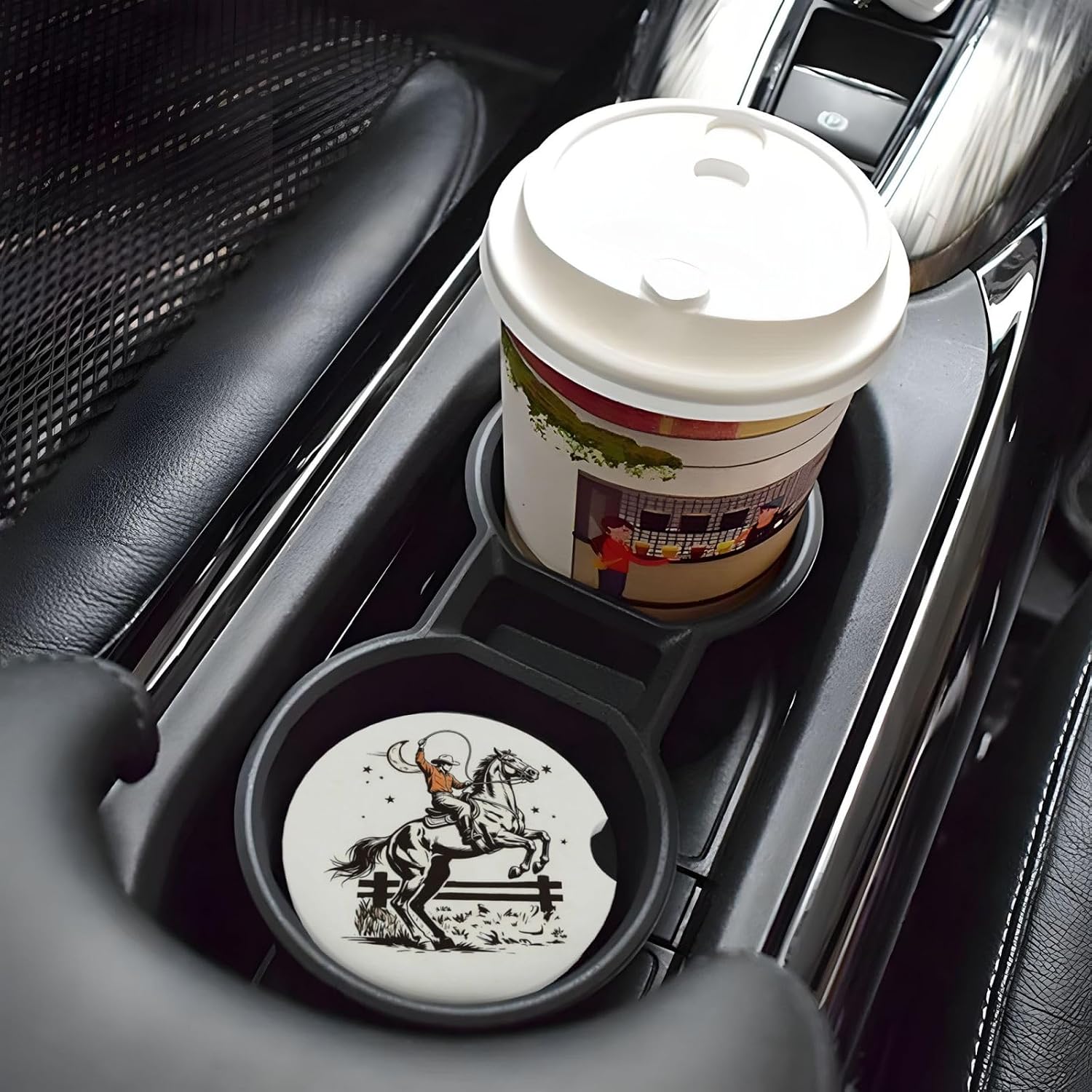Western Ceramic Car Coasters with Finger Notch, Western Cowboy Car Accessories, Coasters with Cork Base for Car Cup Holder, 2 Pack image 4