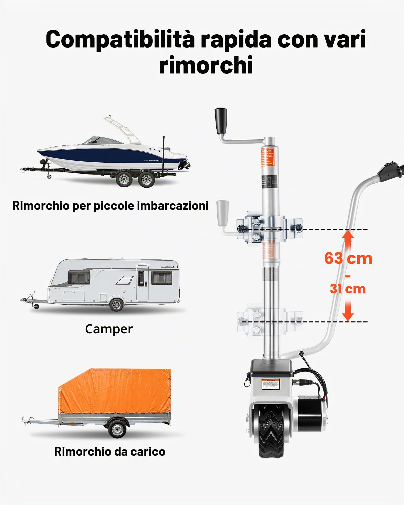 VEVOR Carrello Elettrico per Rimorchio, Ruota di Supporto Motorizzata velocità di Movimento di 7 m/min, Altezza del Morsetto Regolabile 31 a 63 cm, capacità di 2,5 T per Roulotte e Barche