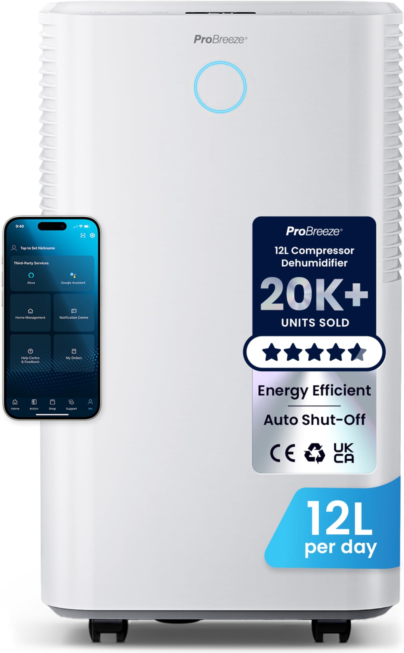 Pro Breeze OmniDry Dehumidifier with App & WiFi, 12 L in 24 Hours Dehumidification Performance - Electric Dehumidifier with Laundry Mode, Moisture Sensor, Timer - Against Mold and Continuous Drainage