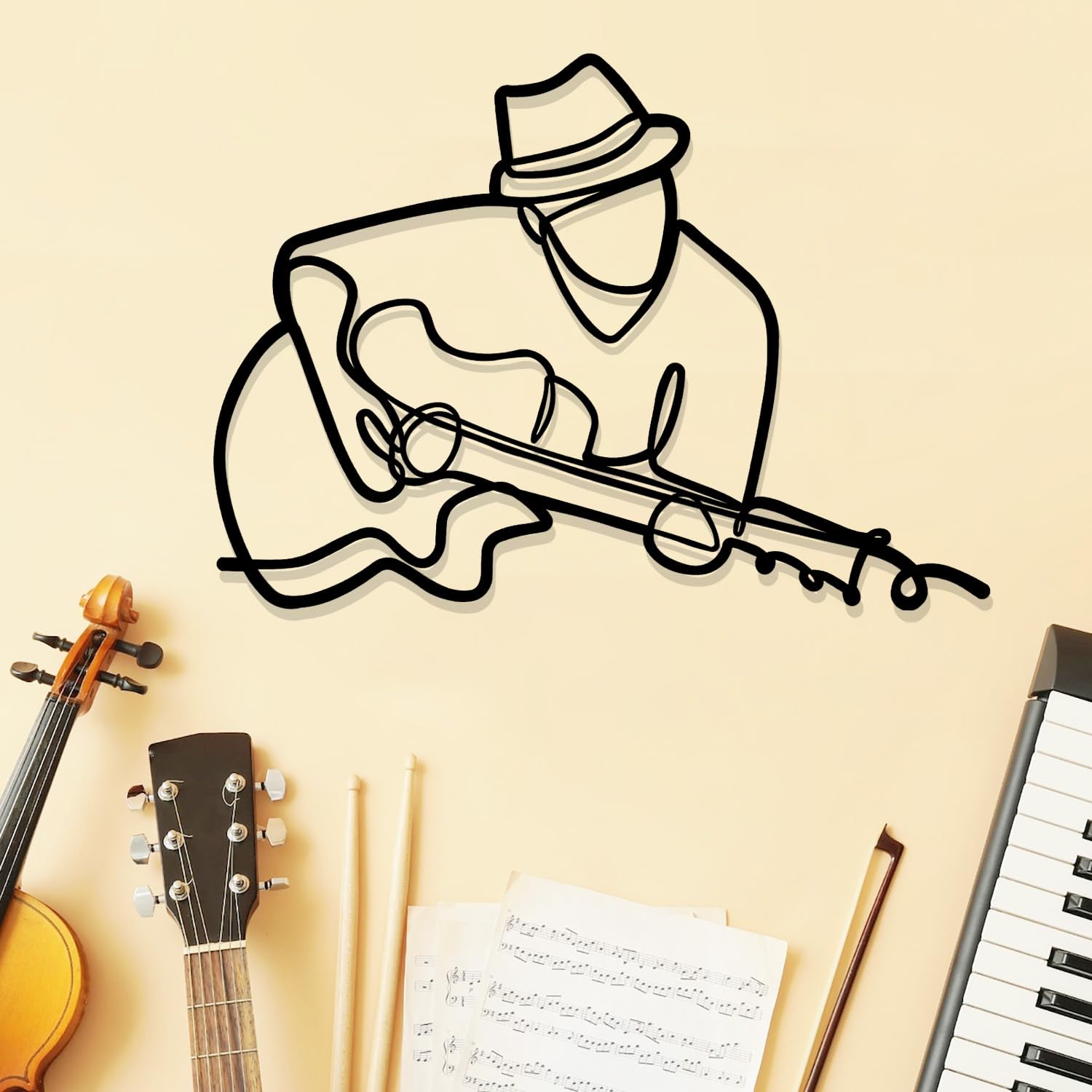 MeigoArt Guitar Metal Line Wall Art, Custom Guitar Metal Wall Decor Art, Line Art Metal Guitarist, Musicians Lovers Gift, Musicians Line Art, Music Room Decor, Gift for Her (Style-1)