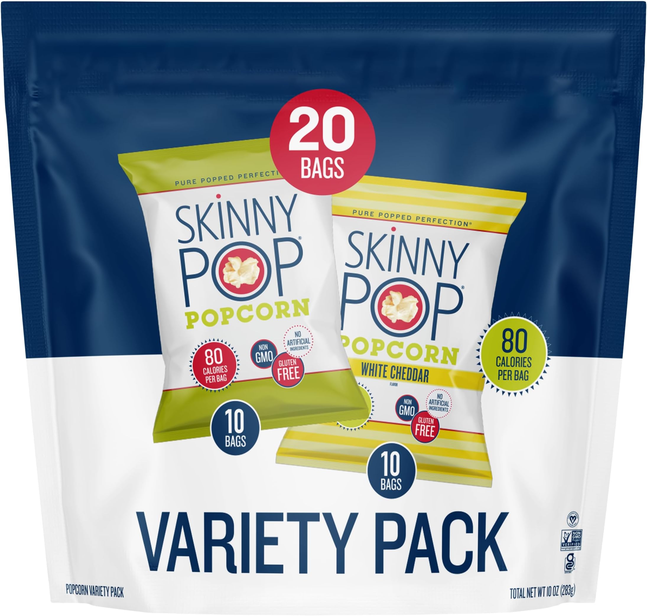 Variety Pack Original and White Cheddar Popcorn, Gluten Free, Vegan Popcorn, Non-GMO, Healthy Popcorn Snacks, Skinny Pop, 0.5oz Individually Sized Bag (20 Count)
