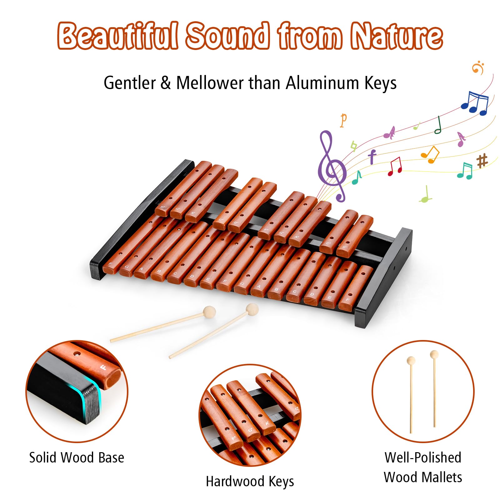 KOMFOTTEU Xilofono 25 note in legno, con 2 bacchette, strumento a percussione a mano, con custodia per il trasporto, strumento musicale per bambini e adulti