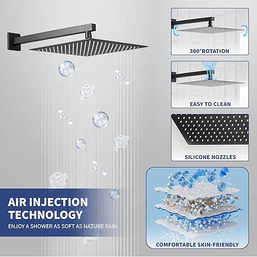 Miniatura 3 de BWE Grifo de ducha negro de 10 pulgadas, cuadrado de lujo, sistema de ducha mezclador de lluvia, juego completo de 2 funciones, equilibrio de