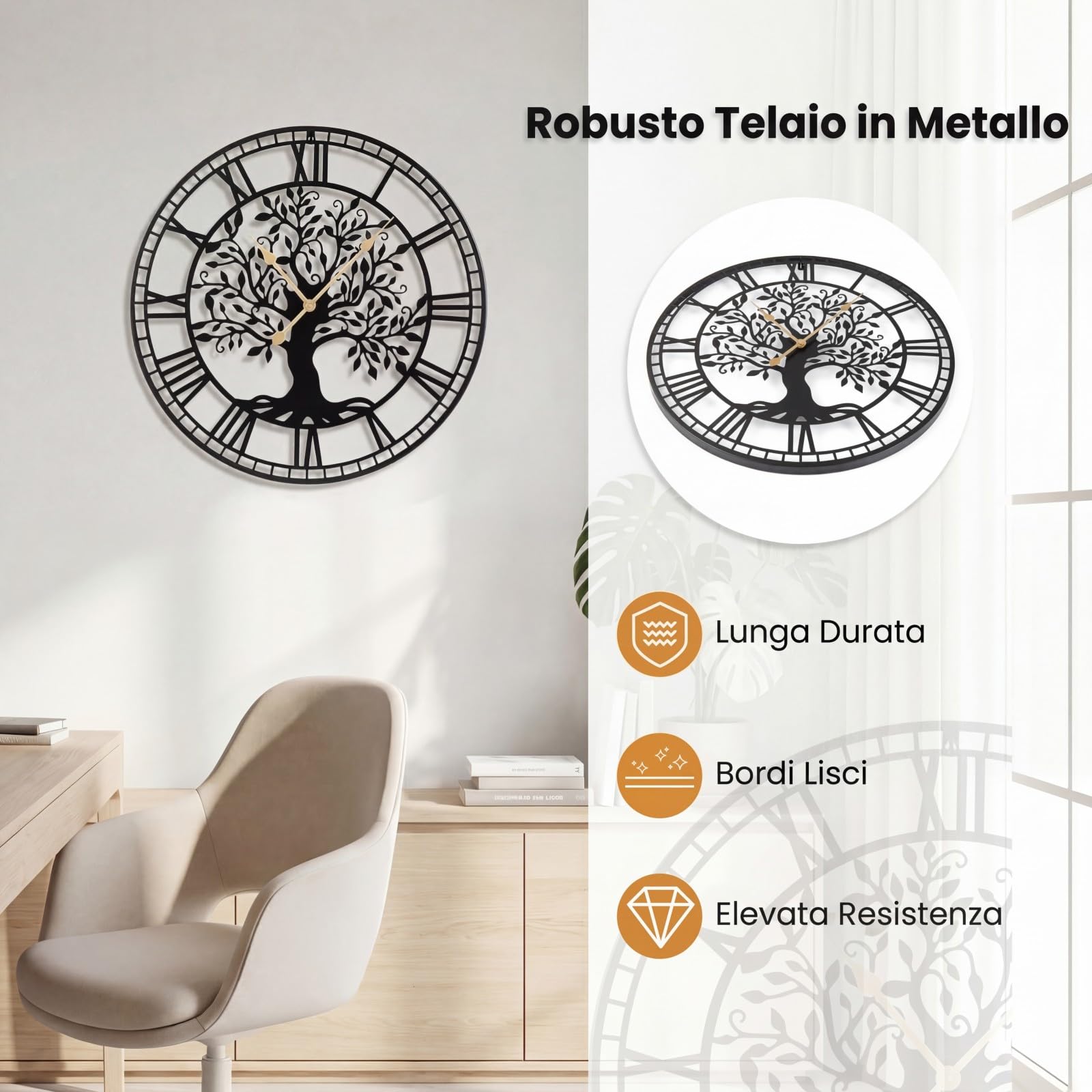 COSTWAY Orologio da Parete Grande da 68 cm, con Albero della Vita in Metallo, Orologio Decorativo Silenzioso Senza Ticchettio, per Soggiorno, Camera da Letto e Cucina, Nero