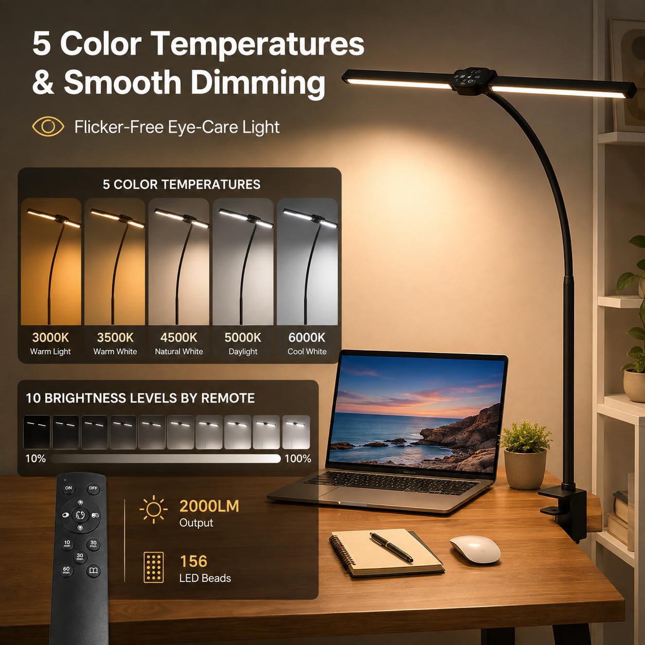 Lampe de bureau LED avec pince, lumière de lecture large