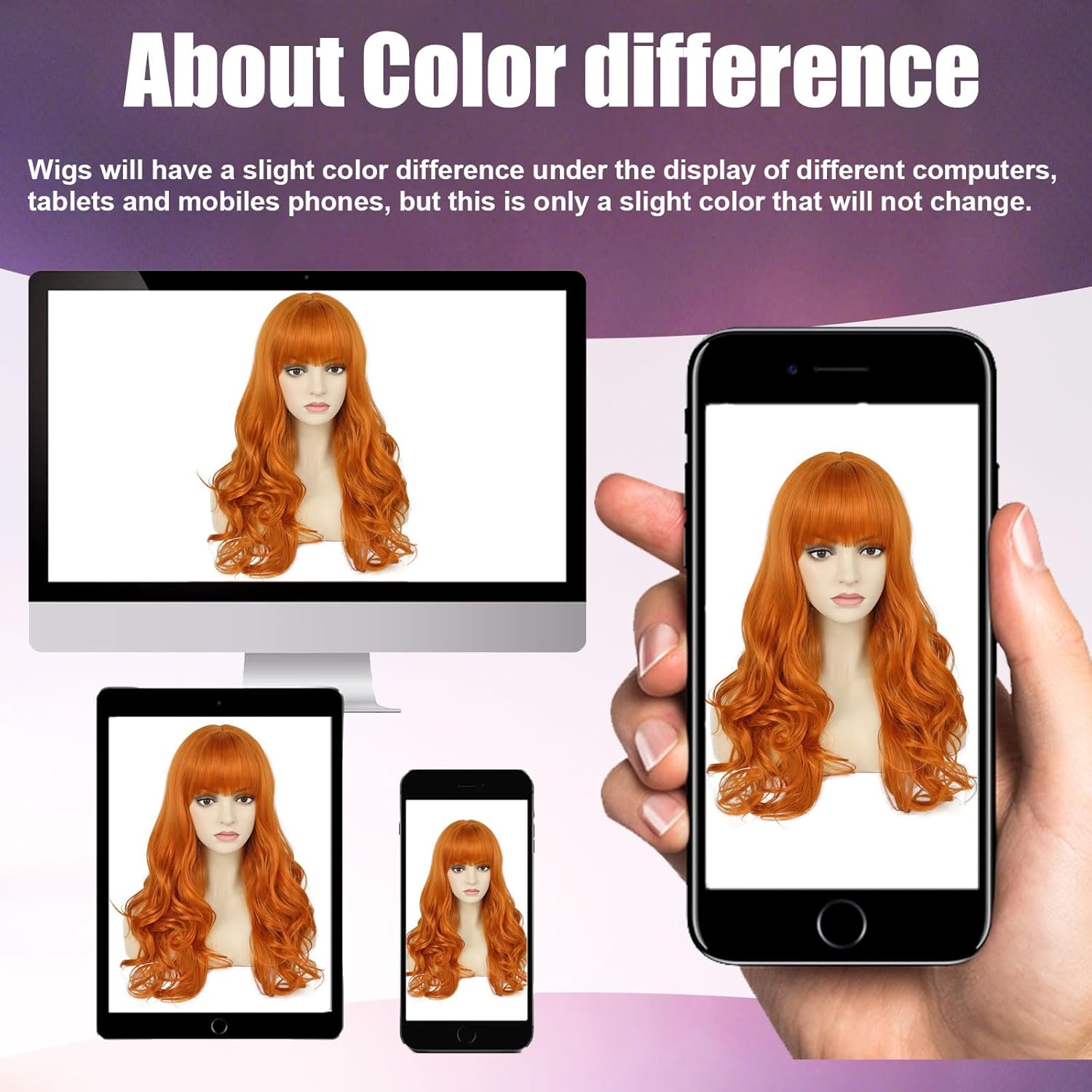 Orange Ginger Wig With Bangs Long Curly Wavy Daphne Costume Wig Heat Resistant Synthetic Bangs Wigs for Women Daily Party Use (26 Inches)