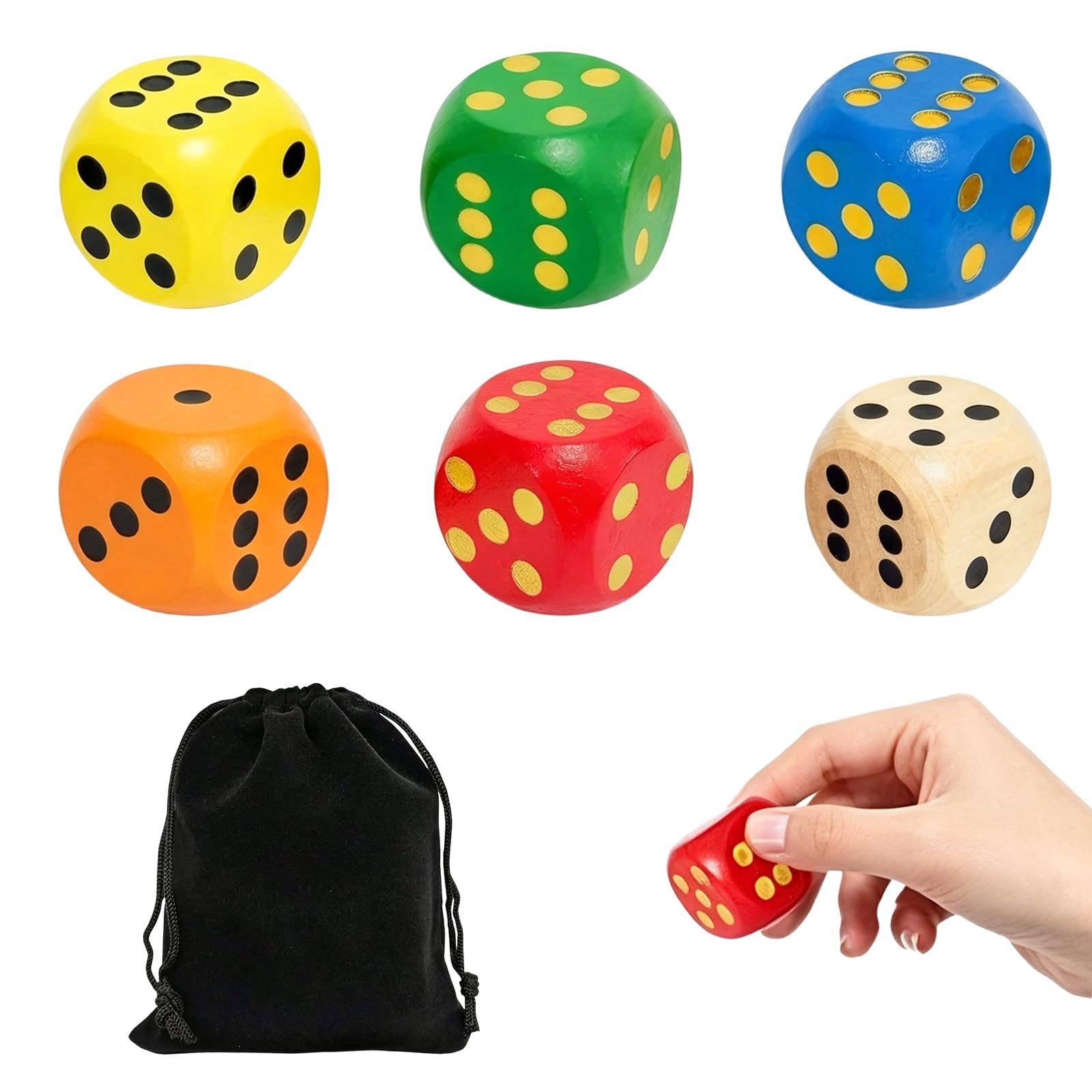 6 Pcs Large Dice Set, 6 Colors 30mm with Storage Pouch, Giant Wooden Dice Collection for Tabletop Gaming and Decorative Displays, Giant Dice Extra Large Wooden Dice for Family Games, School Games