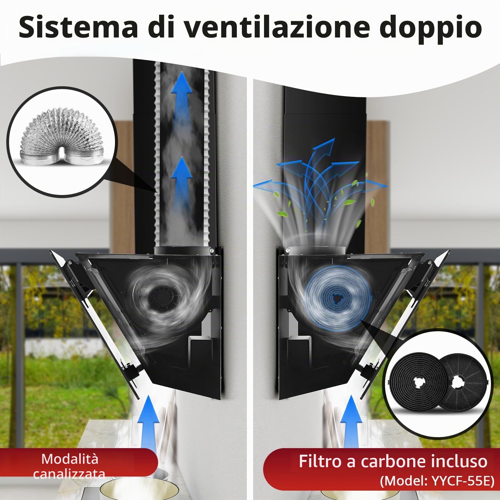 SNDOAS Cappa Aspirante 60 cm, 450 m³/h, Controllo Touch e a Gesti, A+++ | Cappa da Cucina Inclinata con Scarico/Ricircolo, 3 Velocità + Modalità Boost, Silenziosa, LED, Vetro Nero