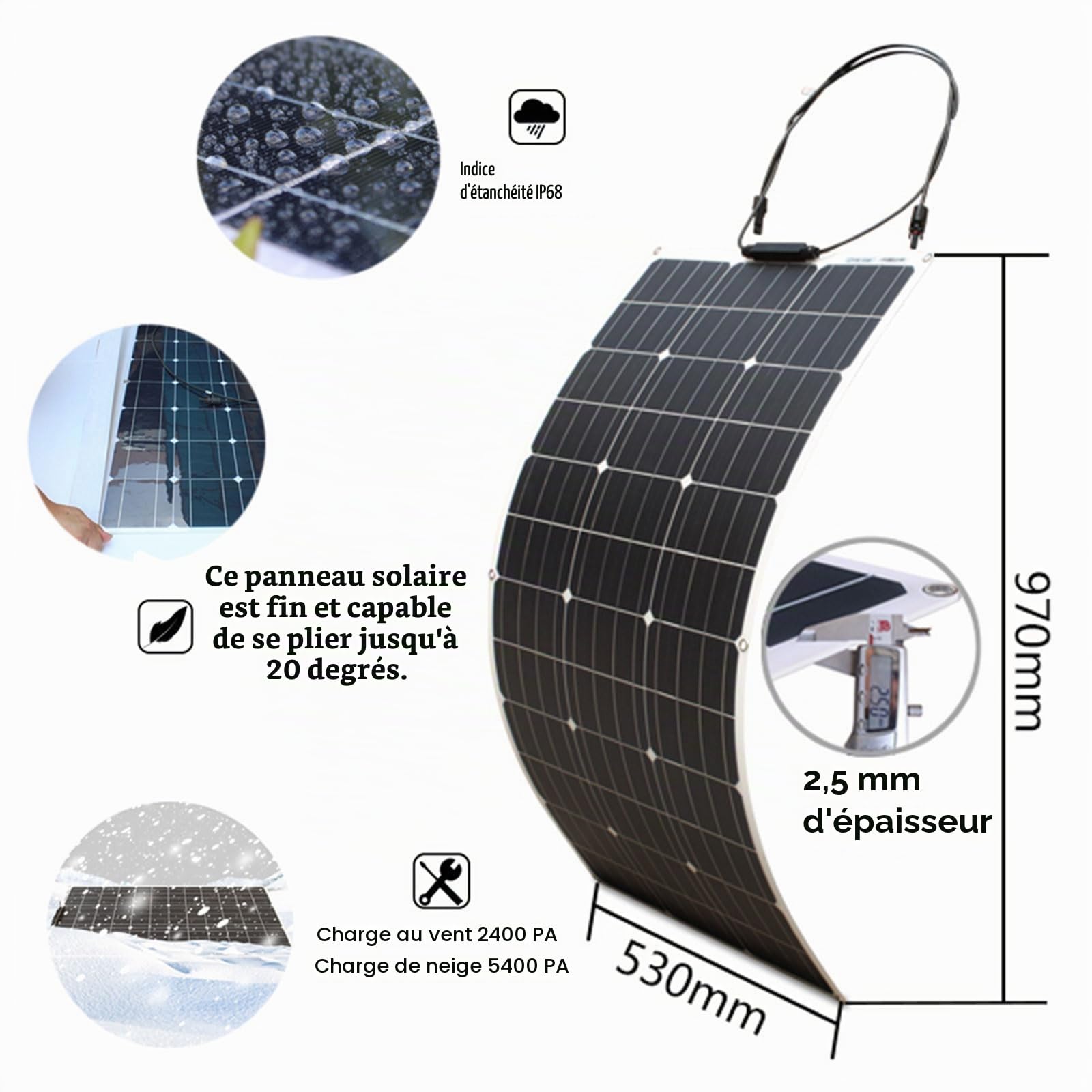 200W Flexible Panneau Solaire Kit Monocristallin avec contrôleur 20A Sortie USB pour charger les Batteries 12V 24V (gel AGM ventilé) pour camping-car, caravane, bateau, toits
