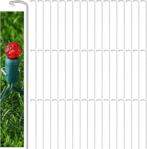 Hicarer Paquete de 50 estacas de luz de Navidad de 4 pulgadas de metal para luces de patio de Navidad, tiras de luces LED, estacas de tierra para