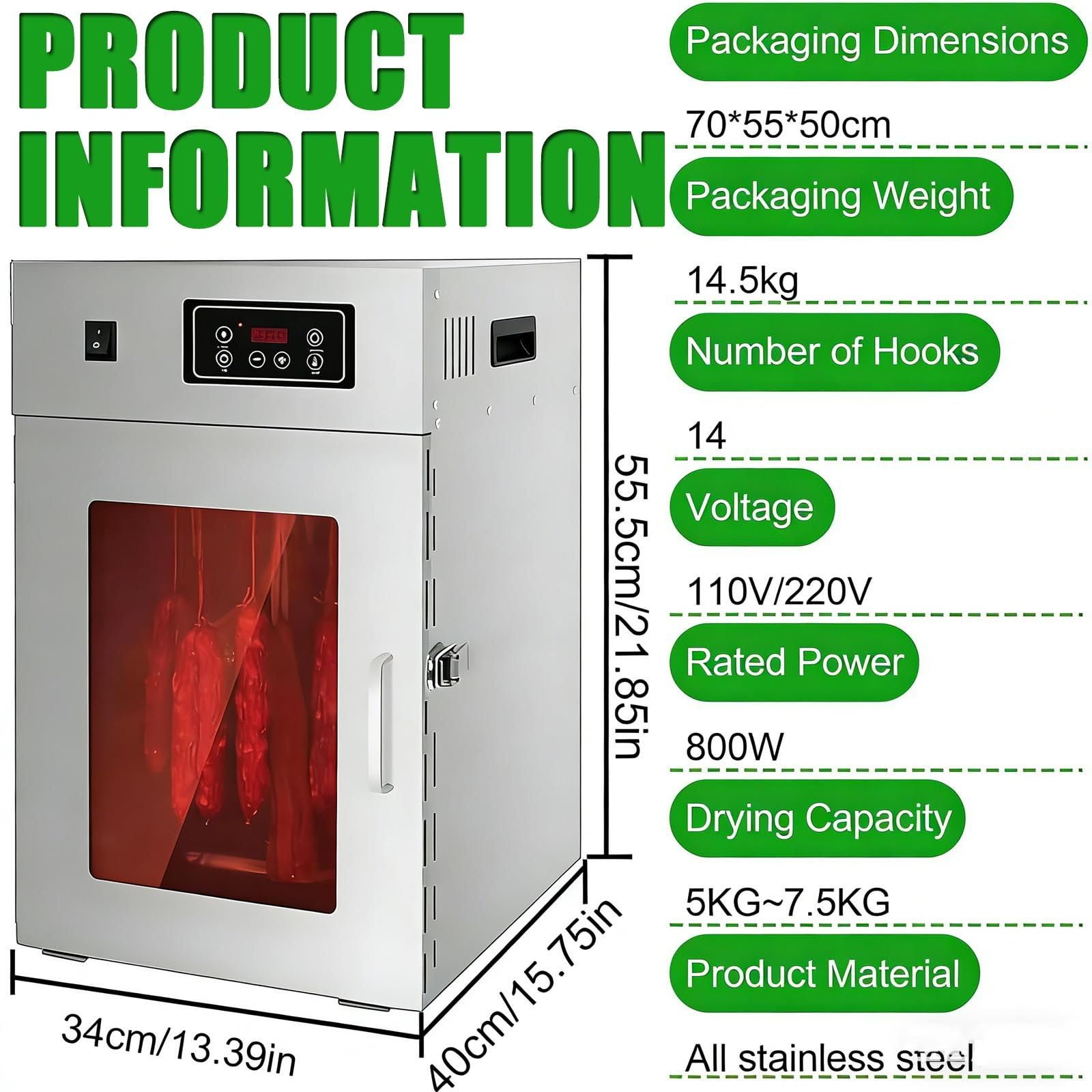 Edelstahl-Biltong-DöRrgeräT,Trockenschrank Für Fleisch– GroßEs FassungsvermöGen (7,5Kg),14 Haken, Temperaturregelung Von 30–90°C – Zum Trocknen Von Biltong, Fleisch Und Wurst