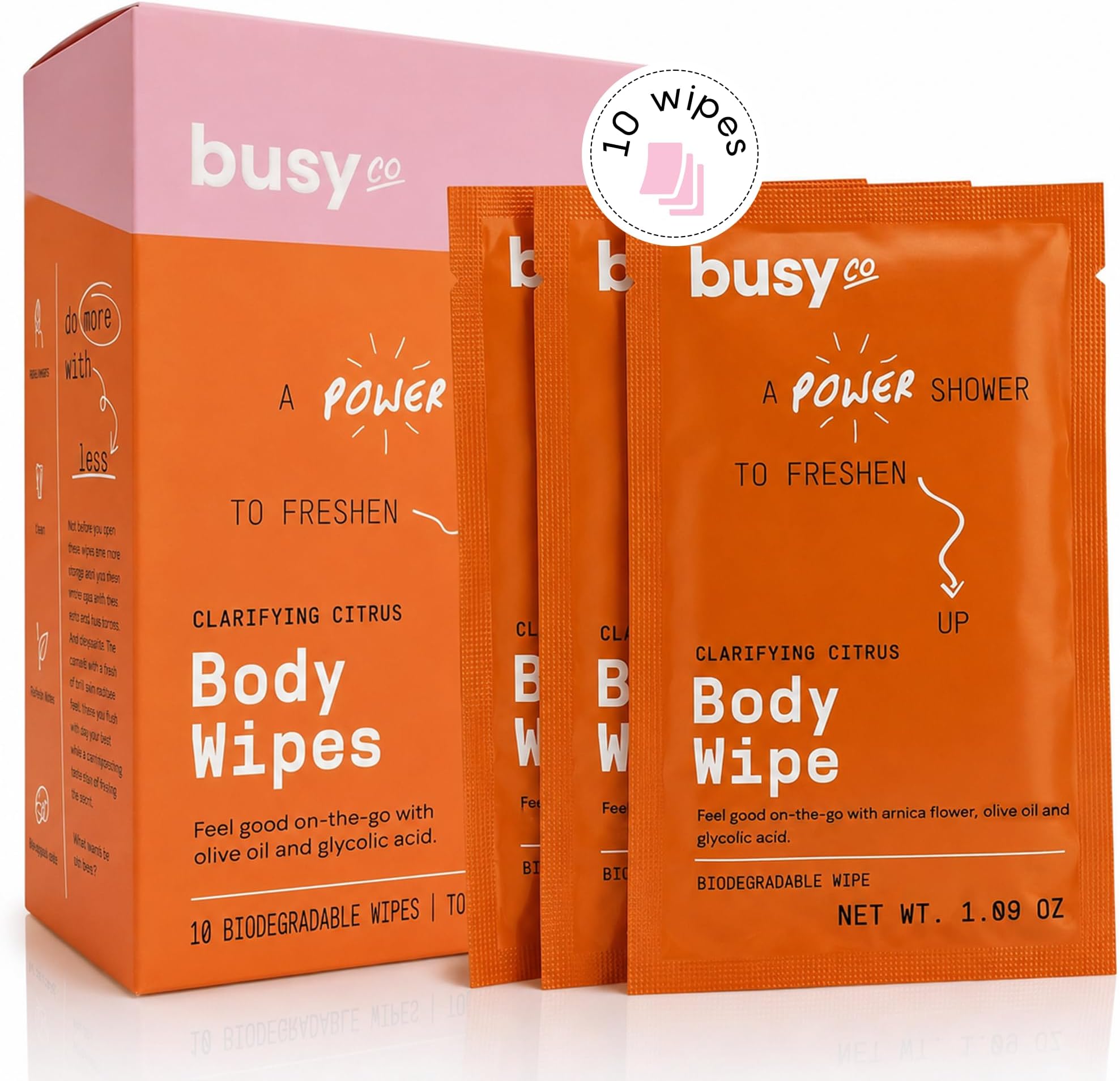 BUSYCO Refresh Line Body Wipes for Women - Cleansing Body Wash, Armpit Wipes With Fresh Citrus Scent - Zero-Waste Gym, No Rinse Bathing for Adults - 10 ct