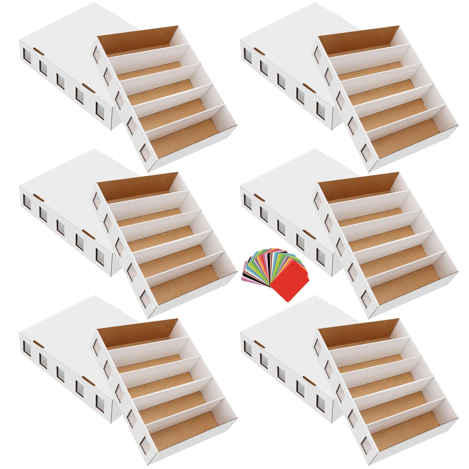 HIMOMO 6 Boîtes de Rangement pour Cartes à Collectionner à 5 Rangées, Jusqu’à 3700 Cartes par Boîte, avec 48 Séparateurs Colorés et Étiquettes, pour TCG, Cartes de Sport, Pochettes et Top Loaders