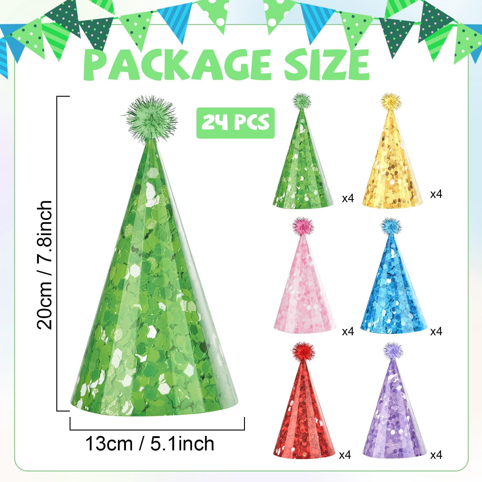 CHUNNIN 24 PCS Glitter Cone Hats Colorful Birthday Party Hat with Pompoms Glitter Cone Paper Hat Colorful Cone Paper Hats for Kids and Adults Birthday, Baby Shower, Bridal Shower Party Decorations