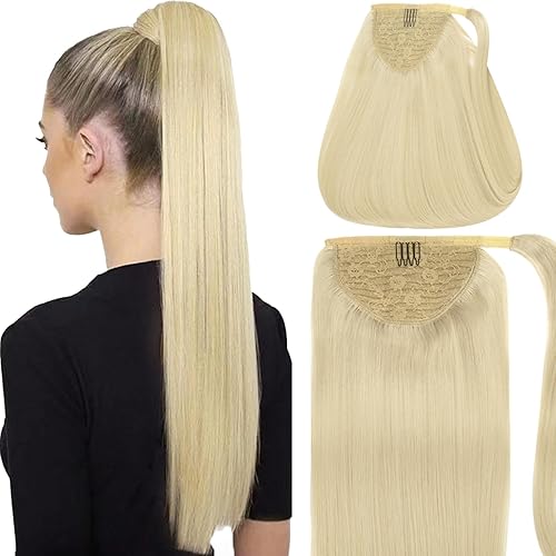 Caliee Extensión de cola de caballo larga, cabello real, 22 pulgadas, rubio platino 60A, extensiones de cabello humano suave y sedoso con clip