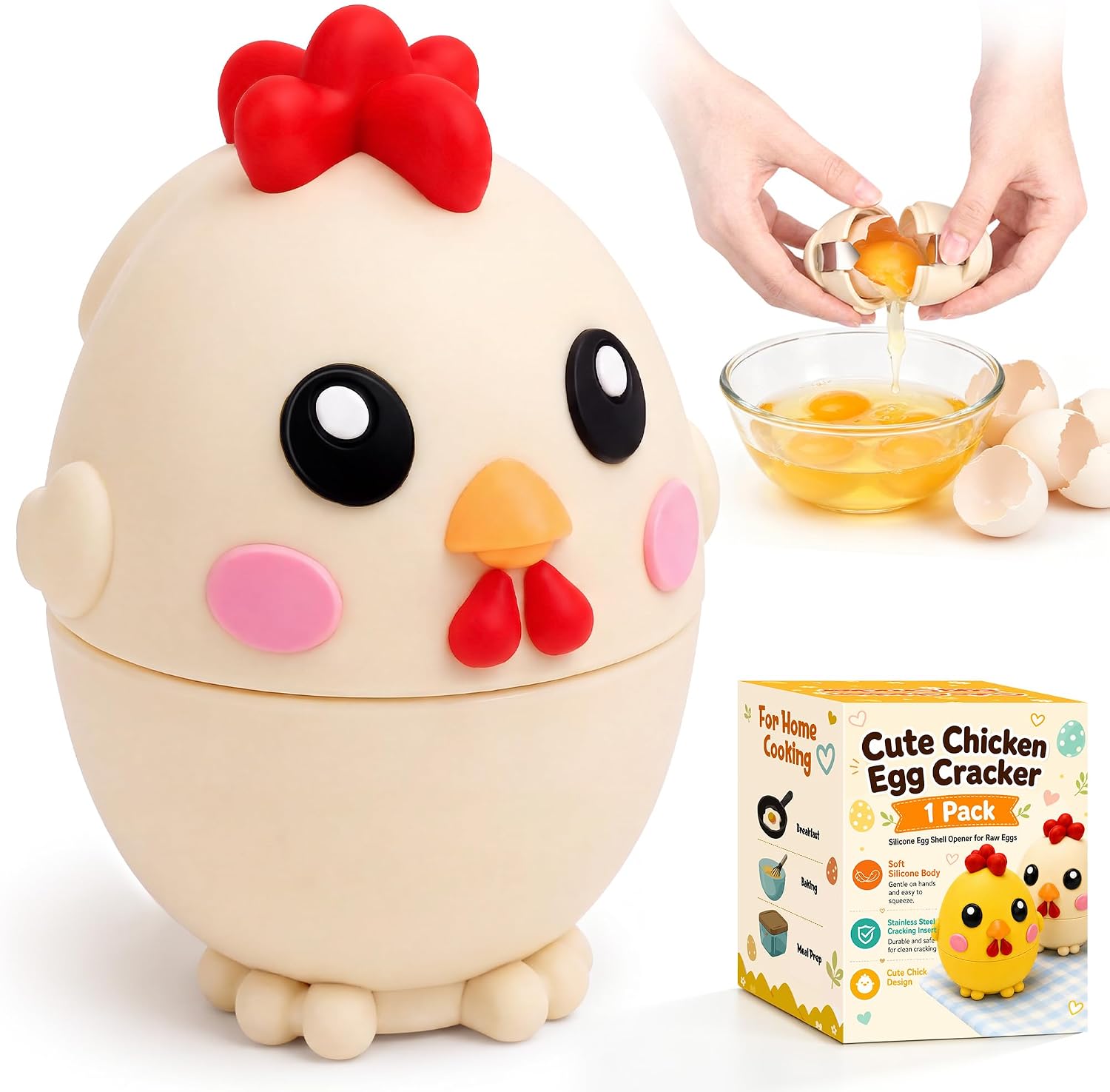 Egg Cracker Tool for Raw Eggs, Cute Chicken Silicone Egg Shell Opener Khaki