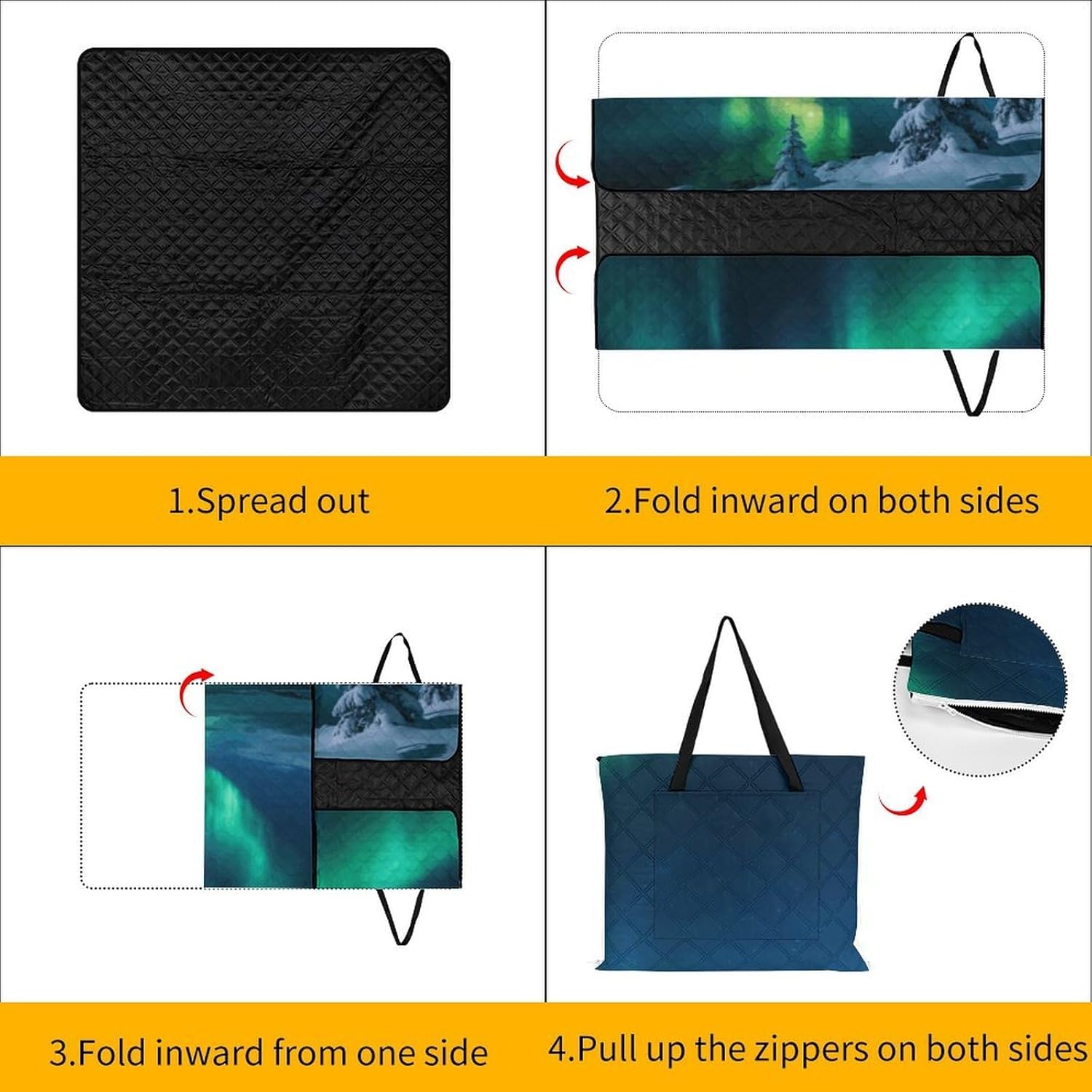 Polar Lights Picnic Blanket with Zipper Water Resistant Sand Free Picnic Mat Washable Foldable Easy Carry Beach Blanket for Lawn Beach Hiking Camping