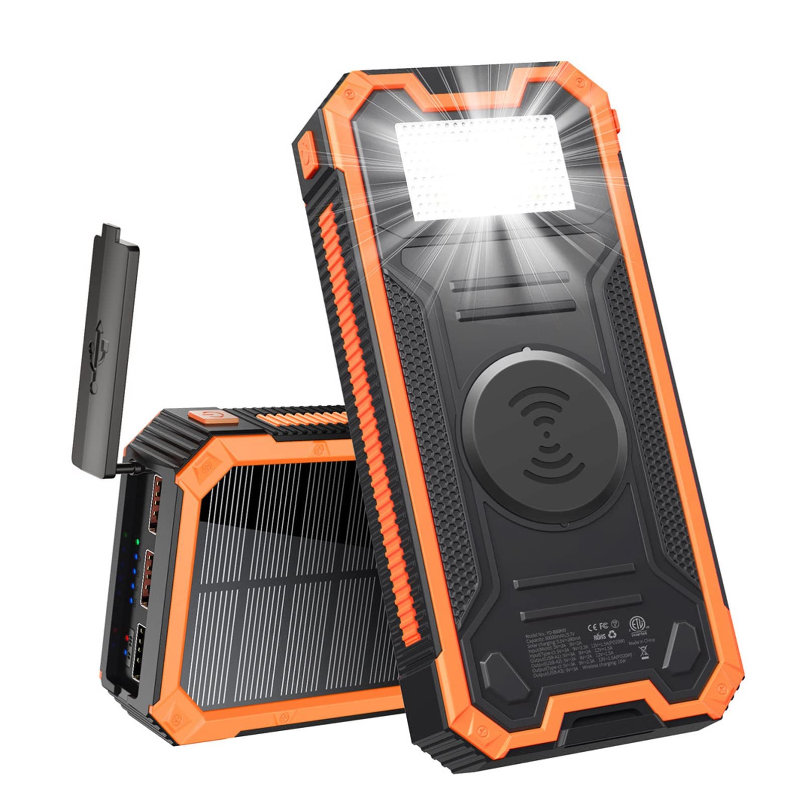 Alvinlite Power Bank Cargador Solar Naranja 30000mAh Batería Portátil PD Carga Rápida, Función SOS, Linterna USB C Carga Celular Impermeable, Paquete con Leds Linterna Dual USB 3 Puertos De Salida.