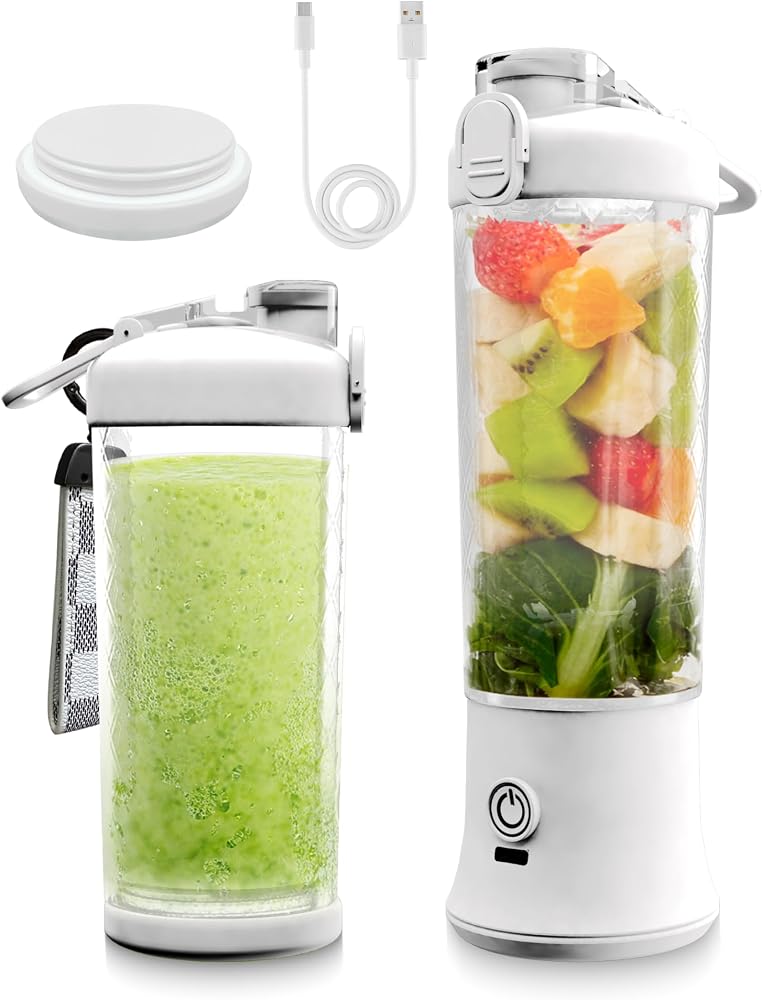SSKAWorldwide Portable Blender 21oz – Rechargeable and Wireless Mini Personal Blender for Shakes and Smoothies, 4000mAh Battery & 6 Blades for Protein Shakes, Fruit Juicer, Gym & Travel (White)