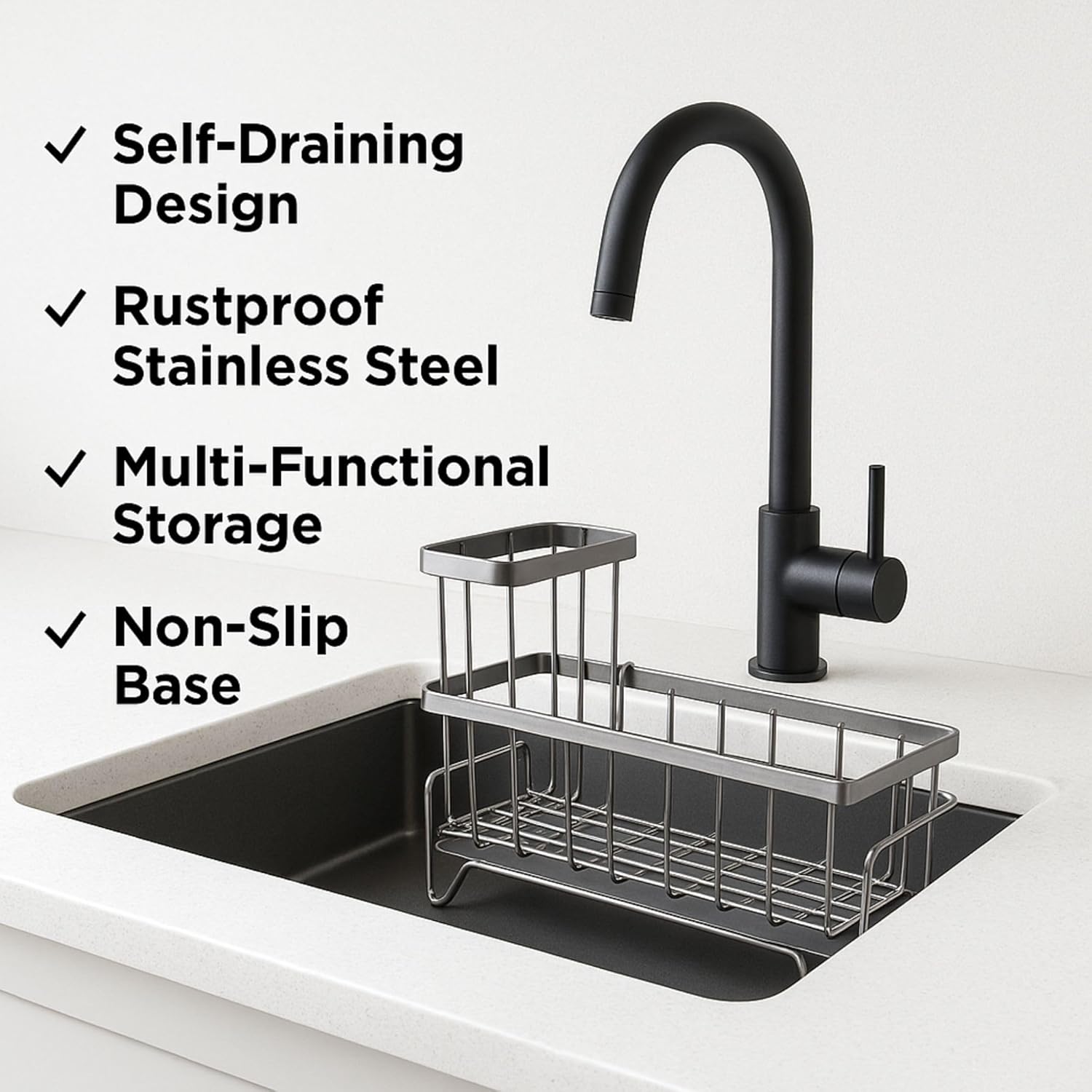 Exclusive Bamboo Cutting Board Set of 3 with Juice Grooves & Large Sink Caddy Sponge Holder for Kitchen Sink Wood Chopping Boards & Stainless Steel Caddy Organizer Bundle