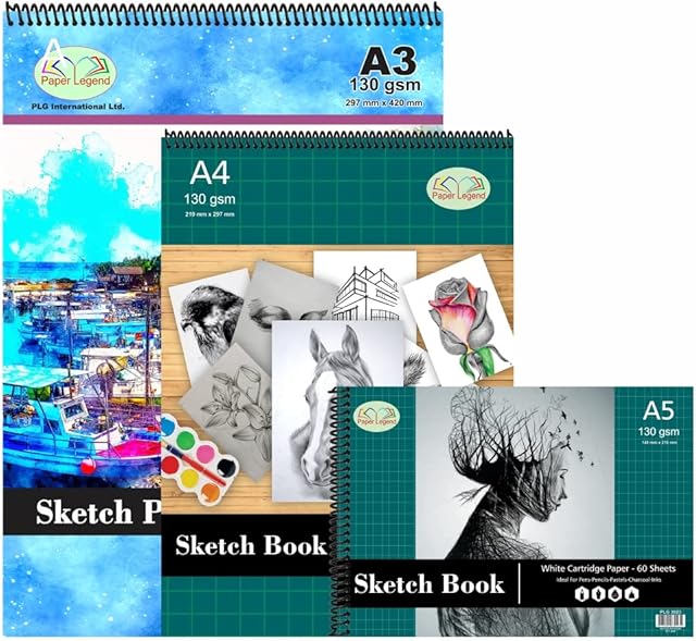 Set of A3, A4, A5 Sketch Pads Spiral Book 130 GSM Cartridge Paper Drawing Pads Art Book for Artist School Home Activity Acid-Free, White