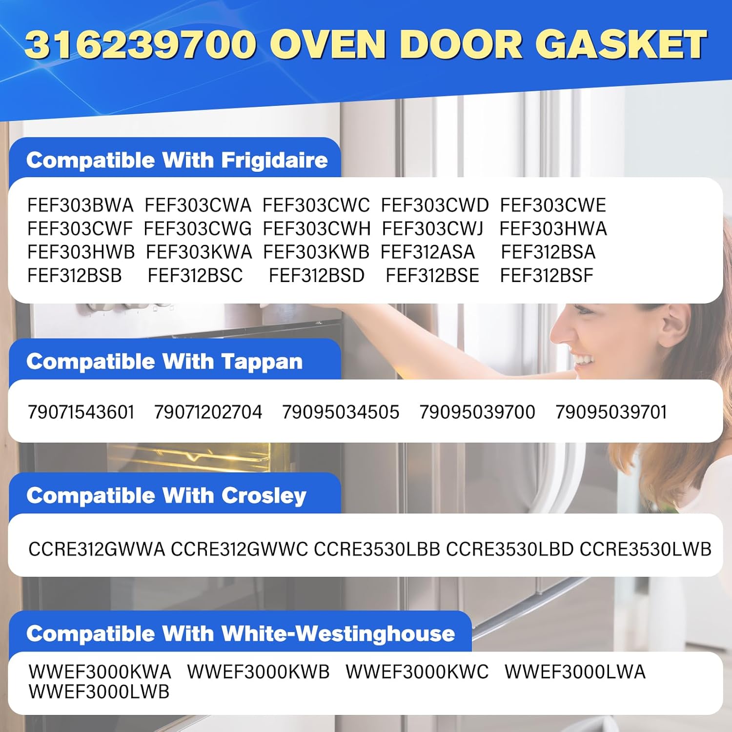 316239700 Range Oven Door Seal Gasket（L50.45 inchs）with 12 Mounting Clips Compatible with Frigidaire Kenmore Ovens FEF303BWA FEF303CWA, Replace 833130 AP2126661 AH440011 EA440011 PS440011