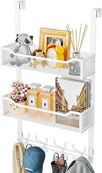 SWTYMIKI Over The Door Hook with 16 Hooks & 2 Mesh Baskets - Heavy Duty Over The Door Organizer Hanger for Towels, Coats, Clothes - Space Saving Hanging Rack for Bathroom, Living Room, White