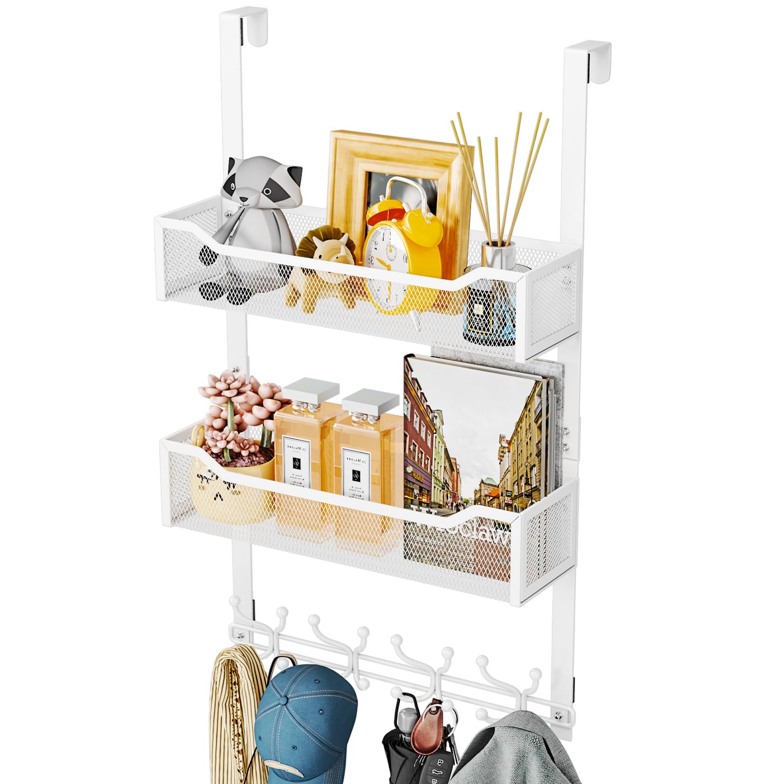 SWTYMIKI Over Door Hanger Hooks - Multi-Functional Coat Hanger with 16 Hooks & 2 Mesh Baskets, Door Hangers for Clothes, Bedroom, Living Room, Home Storage Organiser, White