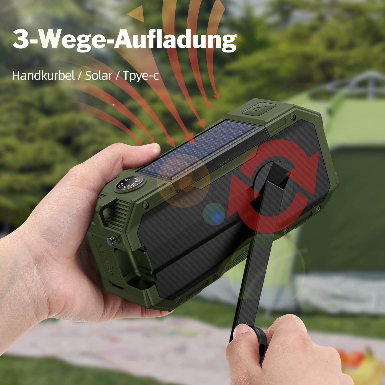 Radio FM portable DAB avec haut-parleur Bluetooth étanche, radio à manivelle avec fonction de charge de téléphone portable, 4000 mAh, batterie externe, lampe de poche, stroboscopique, thermomètre,SOS