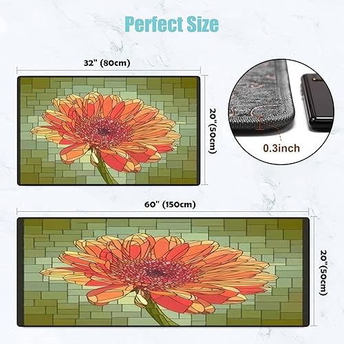 Miniatura 2 de Juego de alfombras de cocina cuadradas de mosaico floreciente naranja gerbera flor vitral para ventana de piso antideslizante, lavable, alfombra de