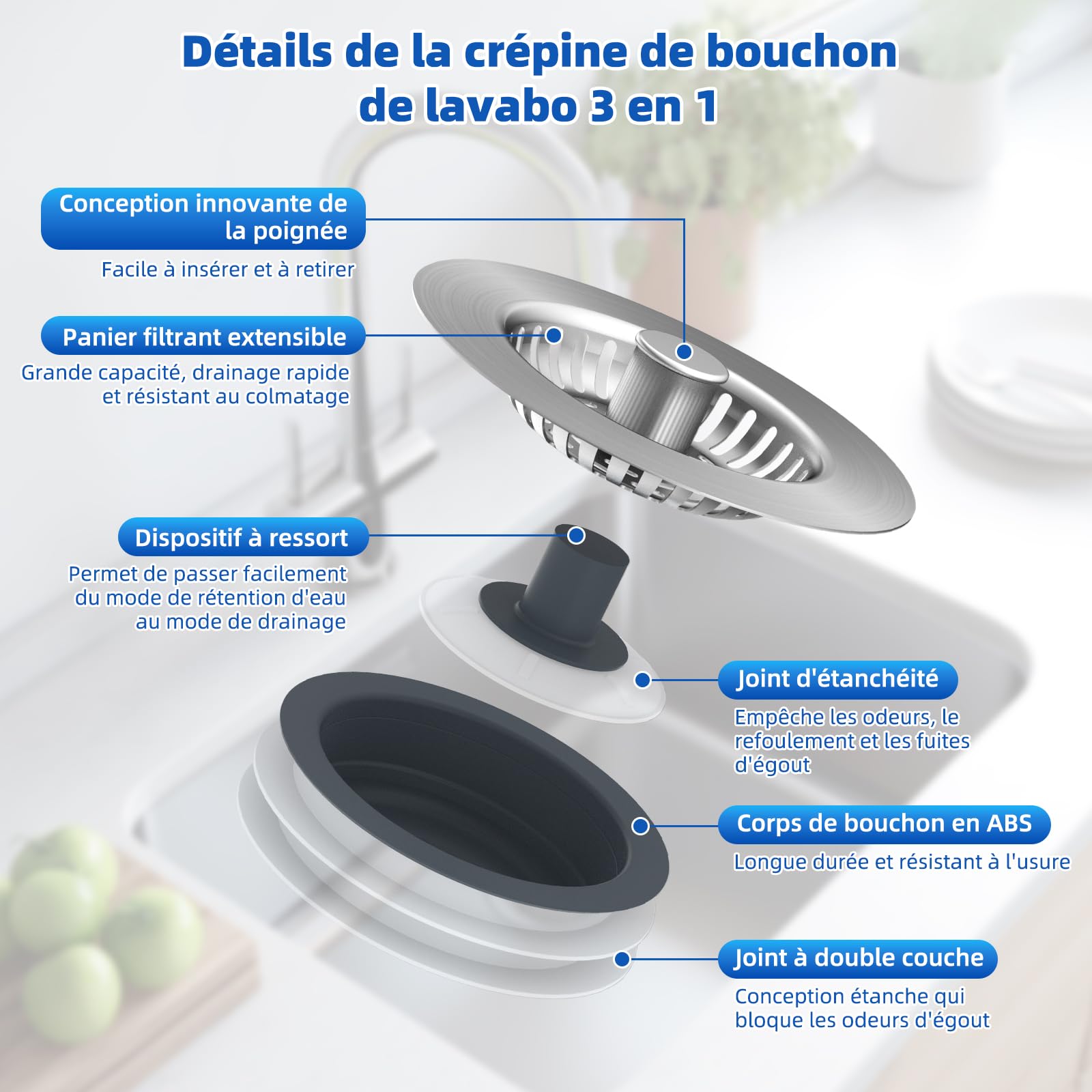 Hibbent Bouchons Évier Cuisine 3 en 1 Améliorés, Crépine Acier Inoxydable avec Base ABS, Double Joint Caoutchouc, Anti-Bouchage, Anti-Odeurs, Profondeur 28 mm, Nickel Brossé
