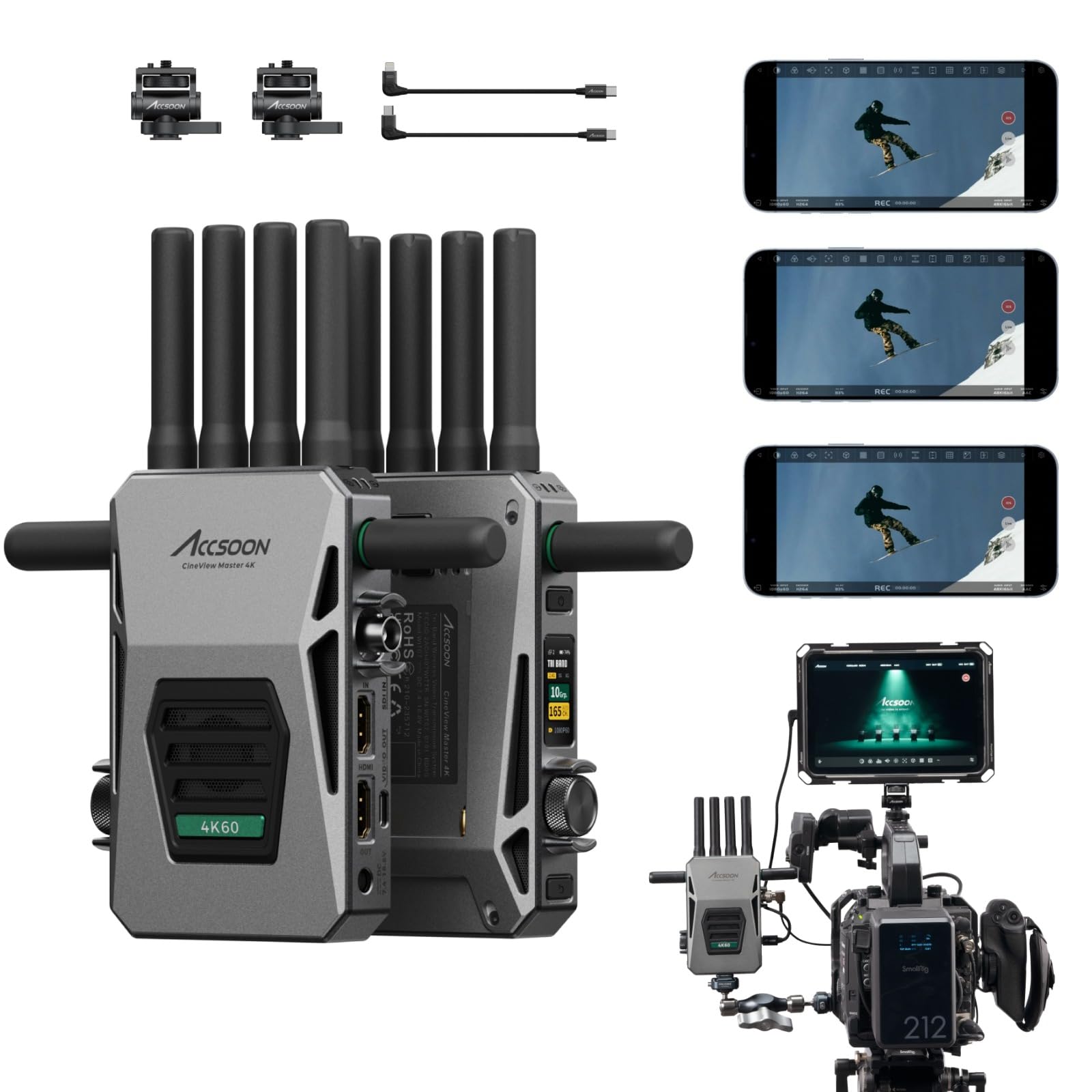 Accsoon CineView Master 4K Wireless Video Transmission System, 4K60/1080p60 HDMI Transmitter and Receiver, 2.4Ghz+5+6GHz Tri-Band, 25ms Latency 8202ft Range, 1 Wired iOS+4 Wireless Monitoring (TX+RX)