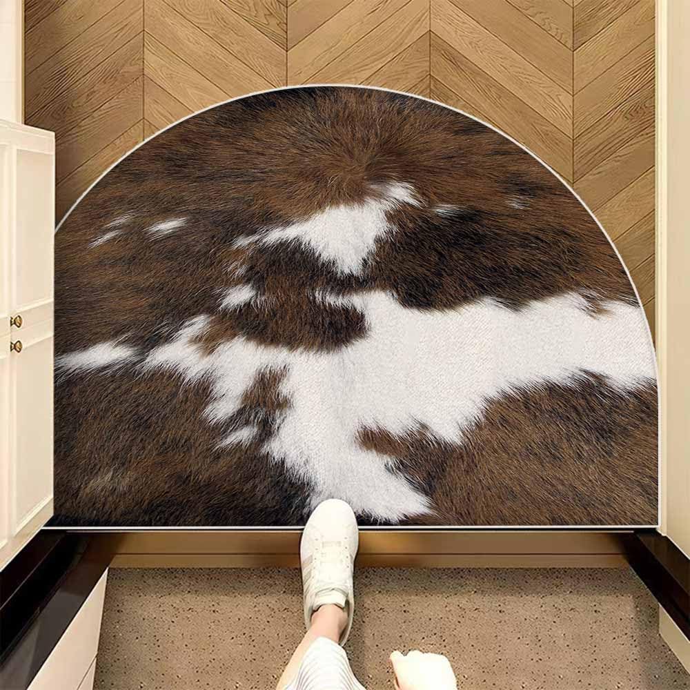 TOMWISH Cowhide Animal Printing Half Circle Rug 18x30 Brown and White Washable Indoor Outdoor Half Round Door Mat Absorbent Half Moon Rug for Bedroom