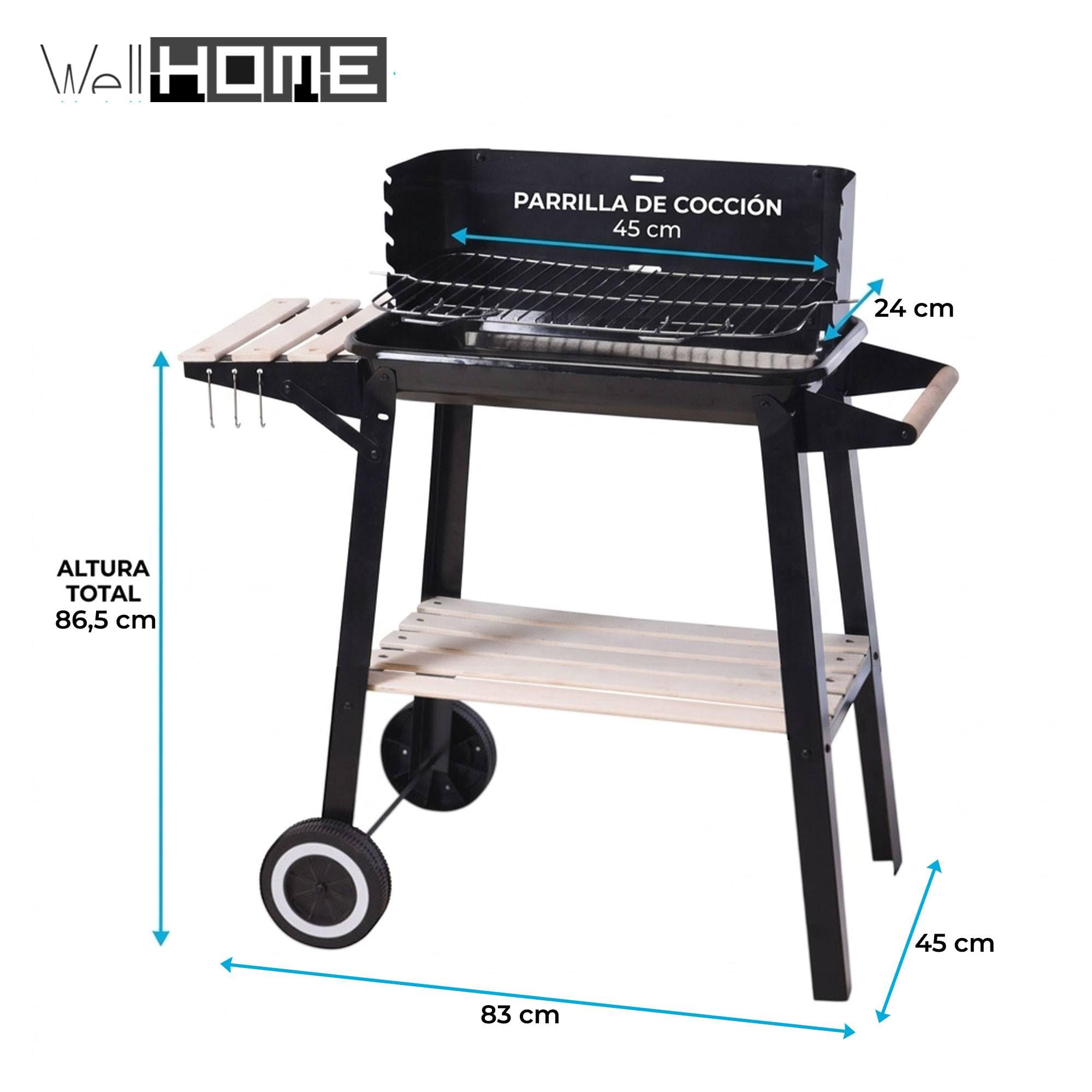 Well Home Barbacoa de Carbón Rectangular con Estantes de Madera FSC con Parrilla Cromada 45x24 cm - Barbacoa de Jardín con Cortavientos y Ruedas