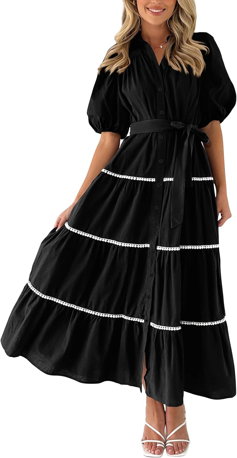 PRETTYGARDEN Women's Summer Button Down Shirt Dress Short Puffy Sleeve Tiered Ruffle Flowy Long Maxi Dresses