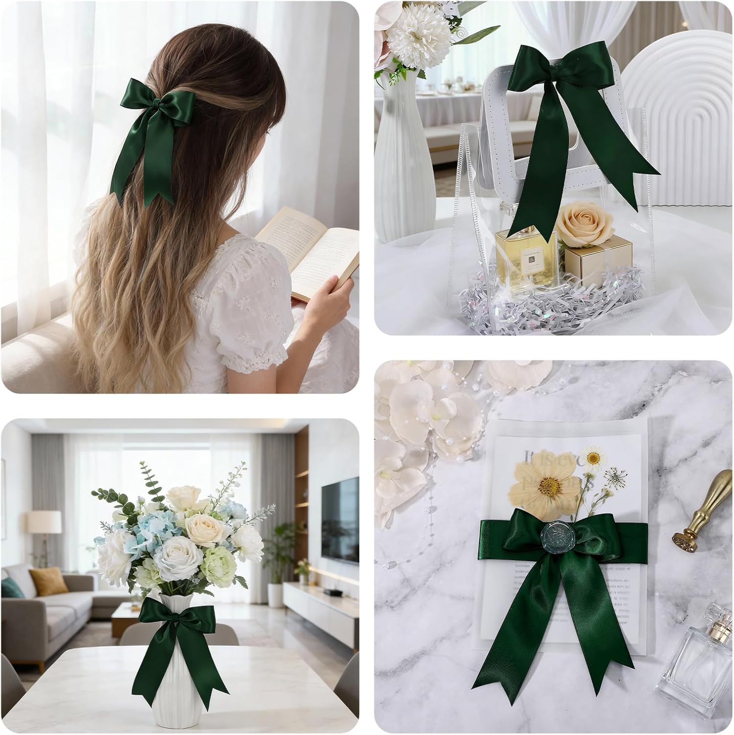 EUSOAR Double Faced Satin Ribbon, 1 Roll 1 1/2 inch x 25 Yd Fabric Solid Silk Ribbons, Green Ribbons for Craft Gift Wrapping Flower Floral Bouquets Arrangement Wedding Party Decoration Hair Bows