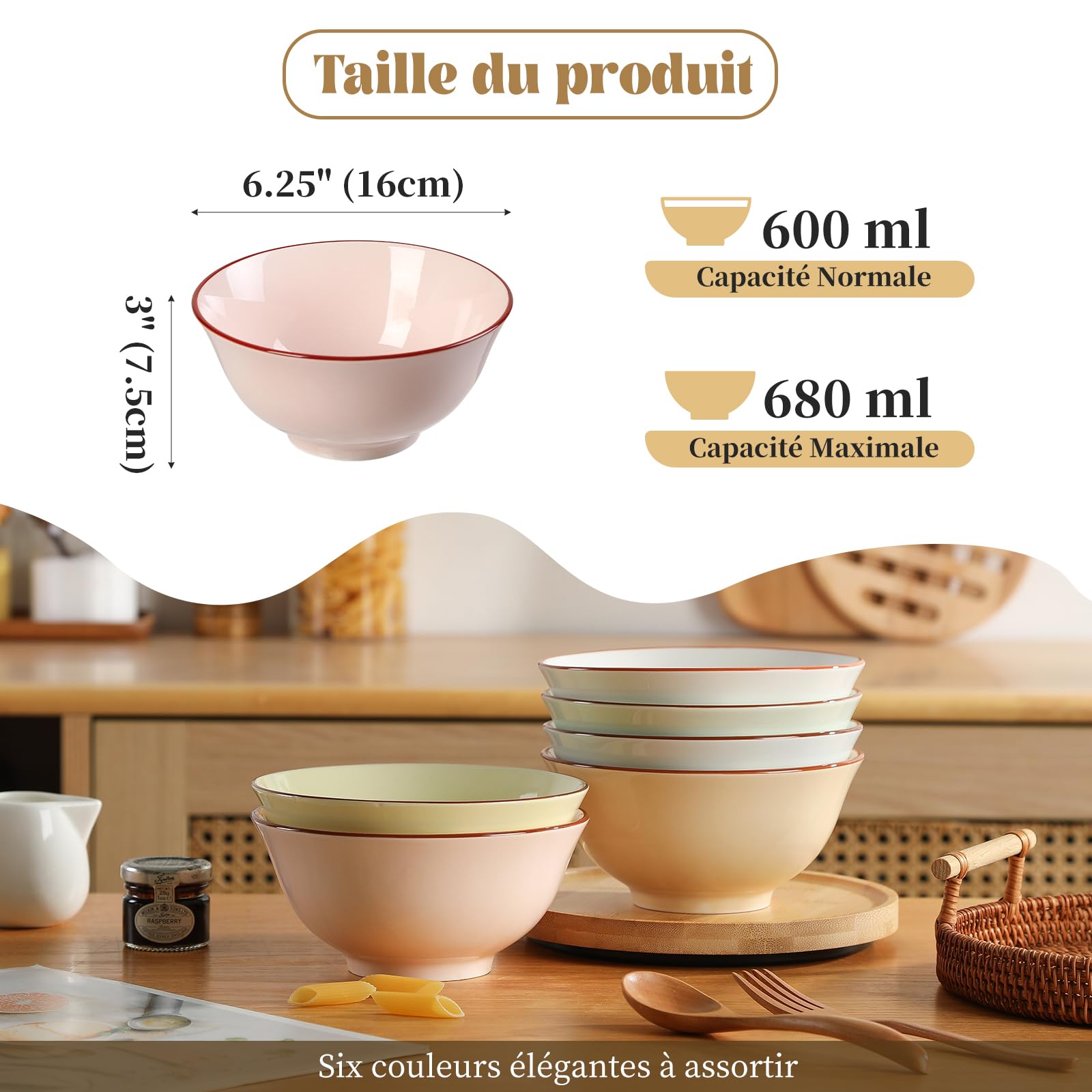 Bols à Céréales en Céramique - Lot de 6 Bols à Soupe aux Teintes Bonbon - Ensemble Bol Petit Dejeuner Couleur - Set de Bol Cereales | Salade | Riz | Ramen | Déjeuner | Nouille - 16 x 7,5 cm - 680 ml