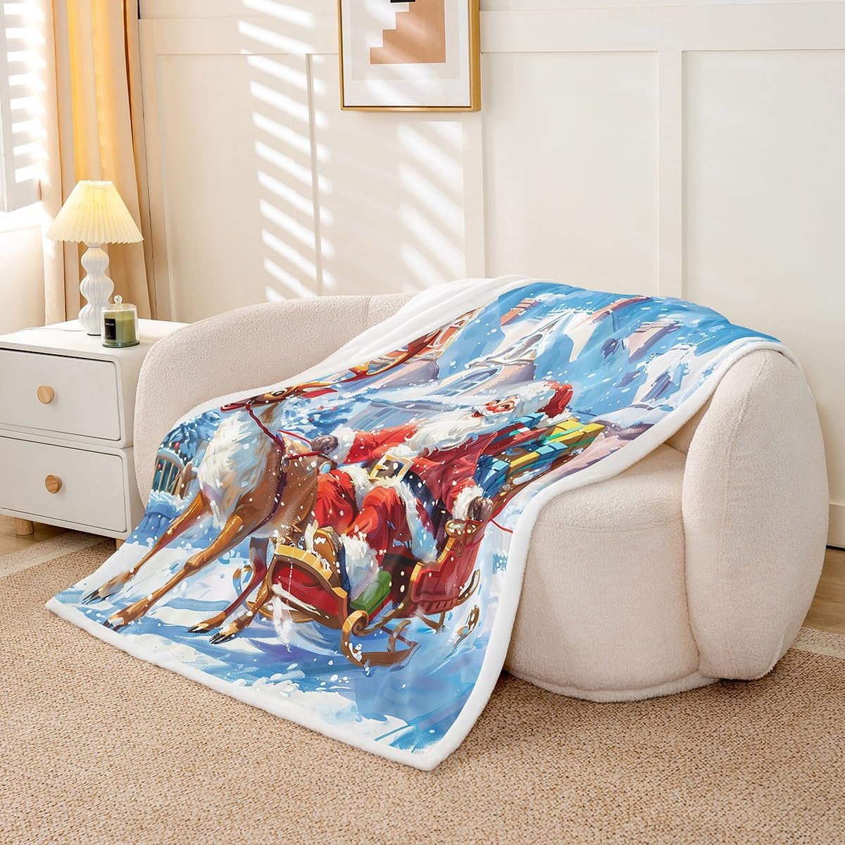 Castle Fairy Funny Reindeer Blanket Queen 90 x 90 mas Santa Claus Blanket for Boys Girls Merry Christmas Sherpa Blanket Vintage Building Bed Blanket Sofa Bed Couch Decor