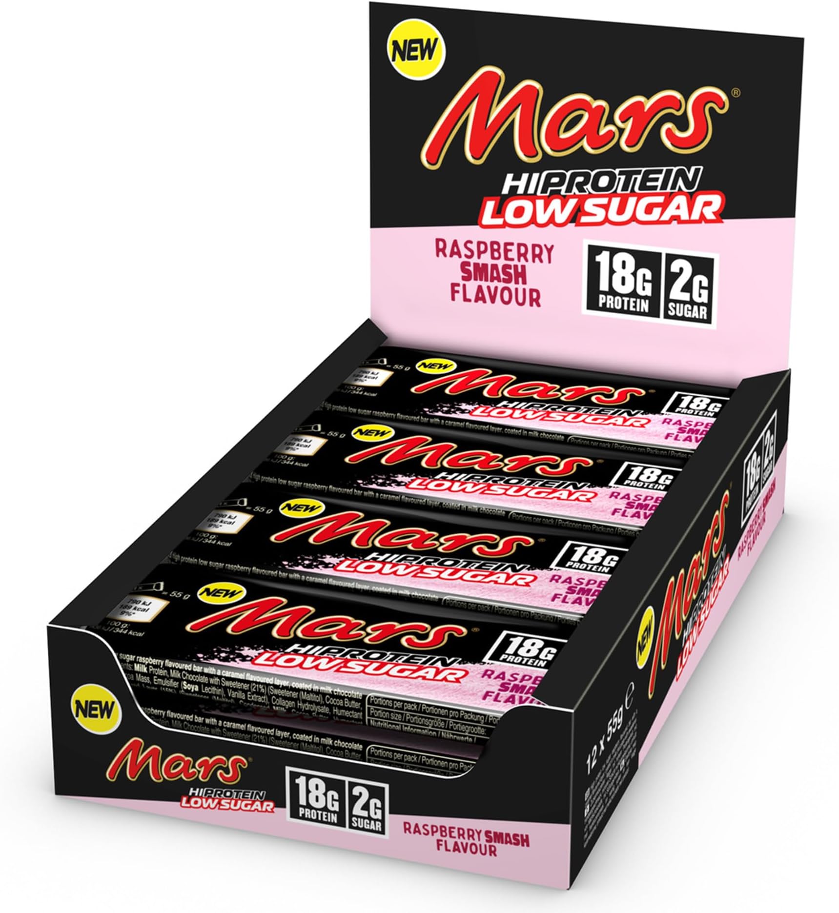 MarsRaspberry Smash Low Sugar Chocolate Protein Bars | 12 x 55g Pack, High Protein Energy Snack, 18g Protein