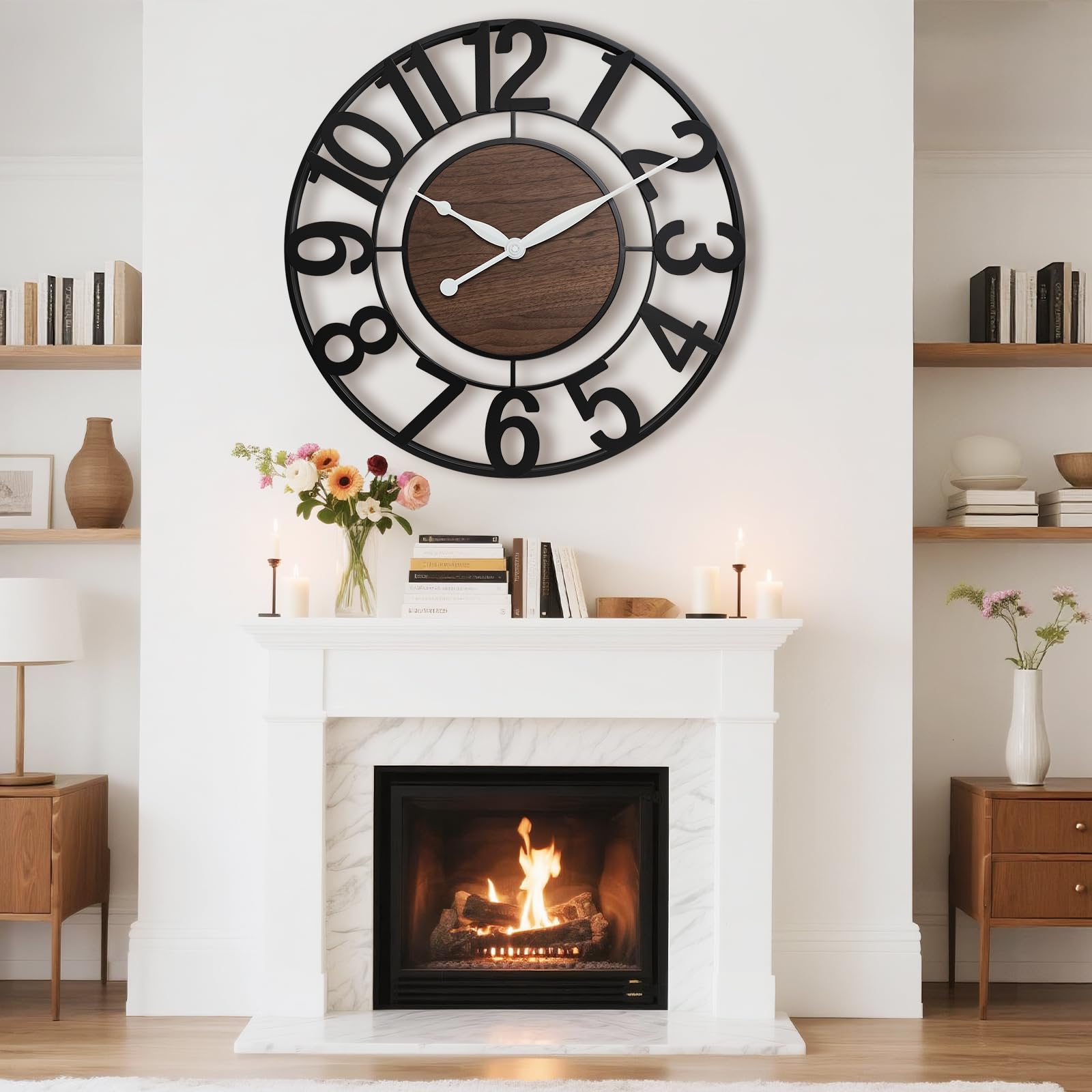 Pytha Sight Duże zegary ścienne do salonu, duże nowoczesne dekoracyjne czarne ponadwymiarowe 75 cm metalowe cyfry arabskie zegar ścienny z elegancką tarczą orzechową do biura, kuchni, kominka | Zegar ścienny w stylu vintage z cyframi arabskimi, nietykając
