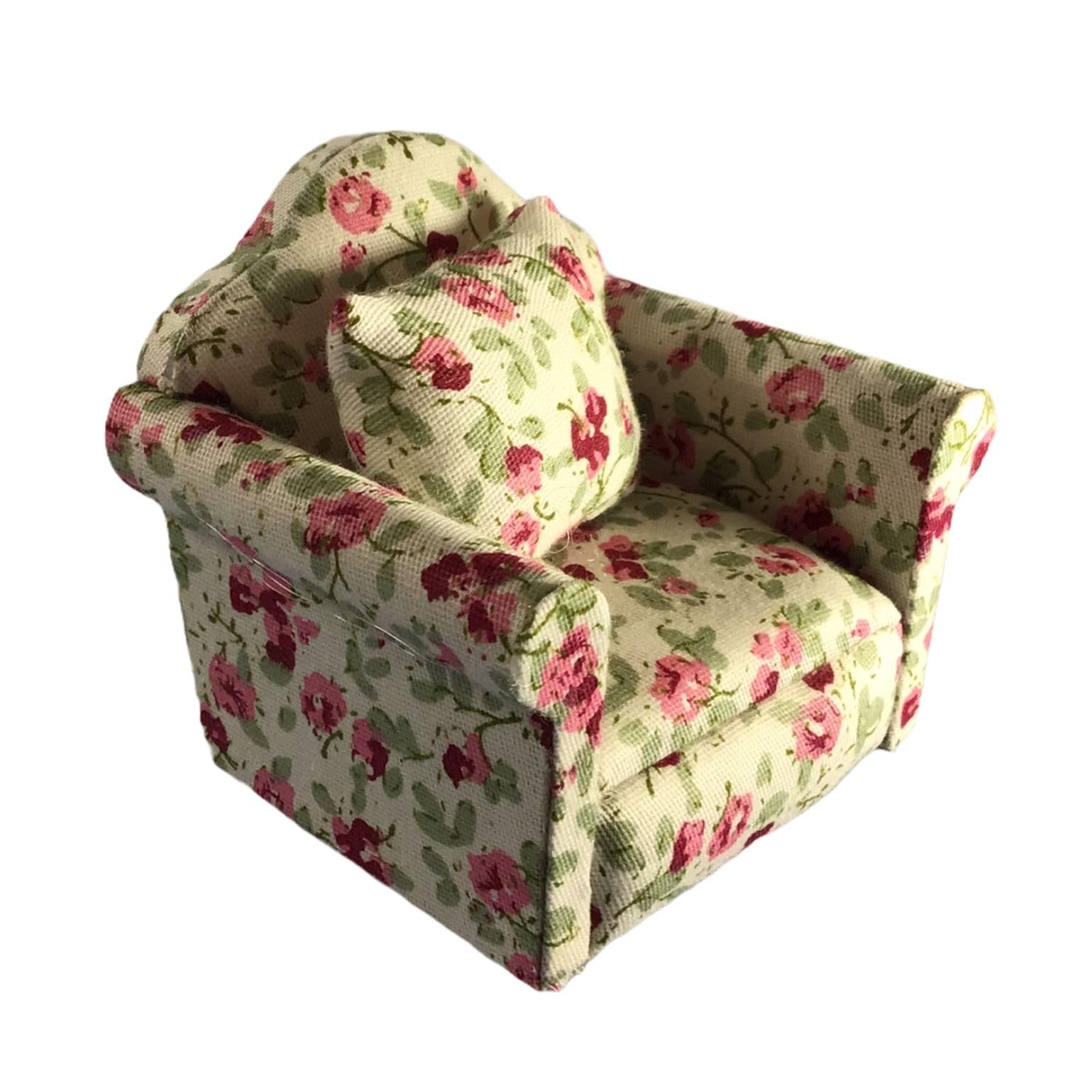 Dolls House Floral Sofa and Chairs, 1:12 Scale, Cream, Set of 3, White, Pink, Floral - Image 4