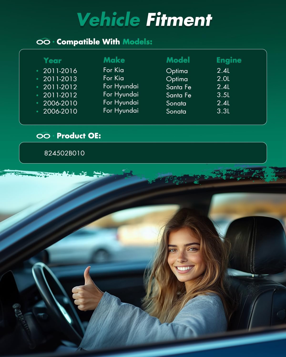 SCITOO Front Left Window Motor Replacement for 2011-2016 for Kia Optima,2011-2012 for Hyundai Santa Fe 824502B010