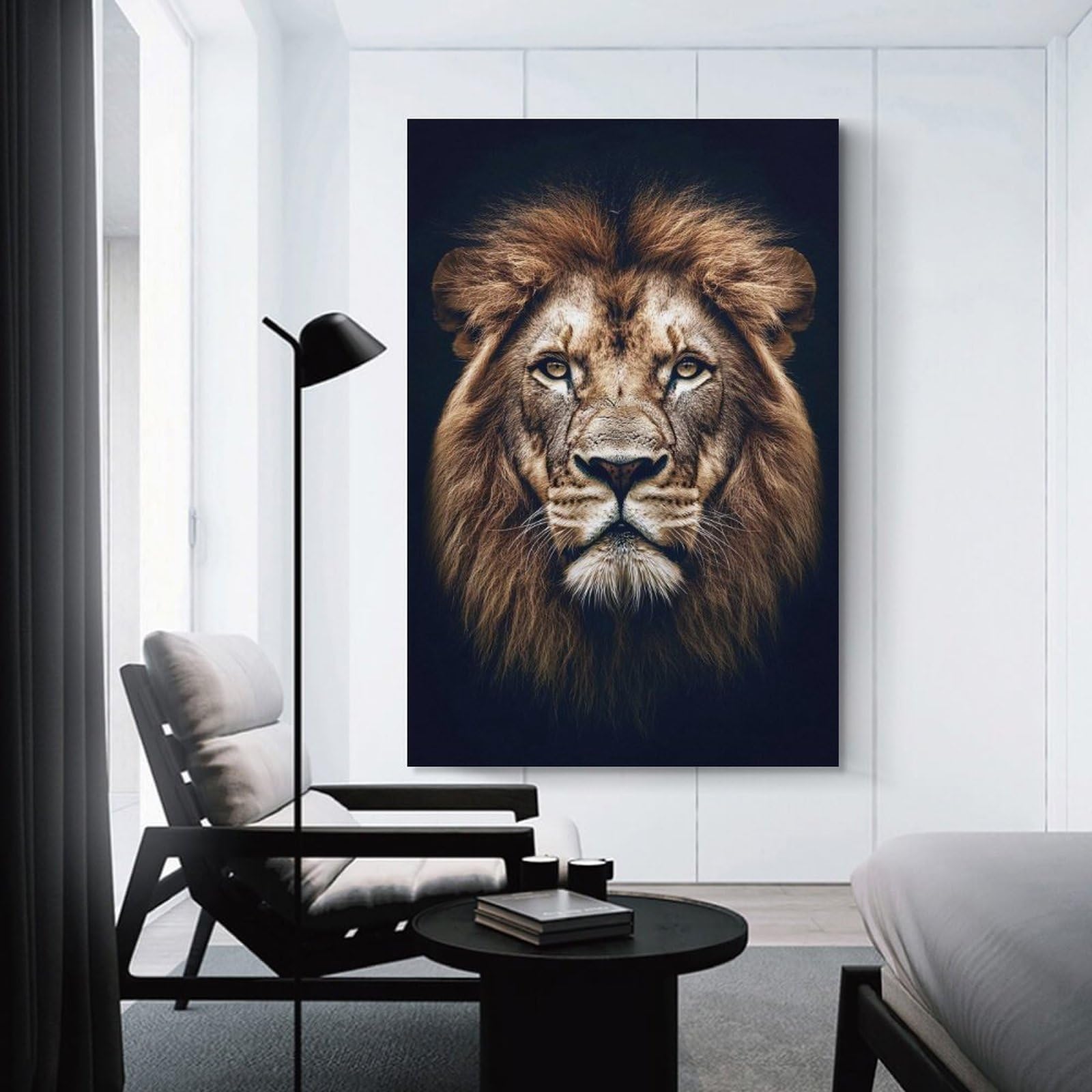 Junmoney Canvas Wall Picture Majestic Lion Portrait on Black Background, 24x36inch(60x90cm), for Home Lounge, Bedroom Or Reading Nook, A Home Accent with Warm Character
