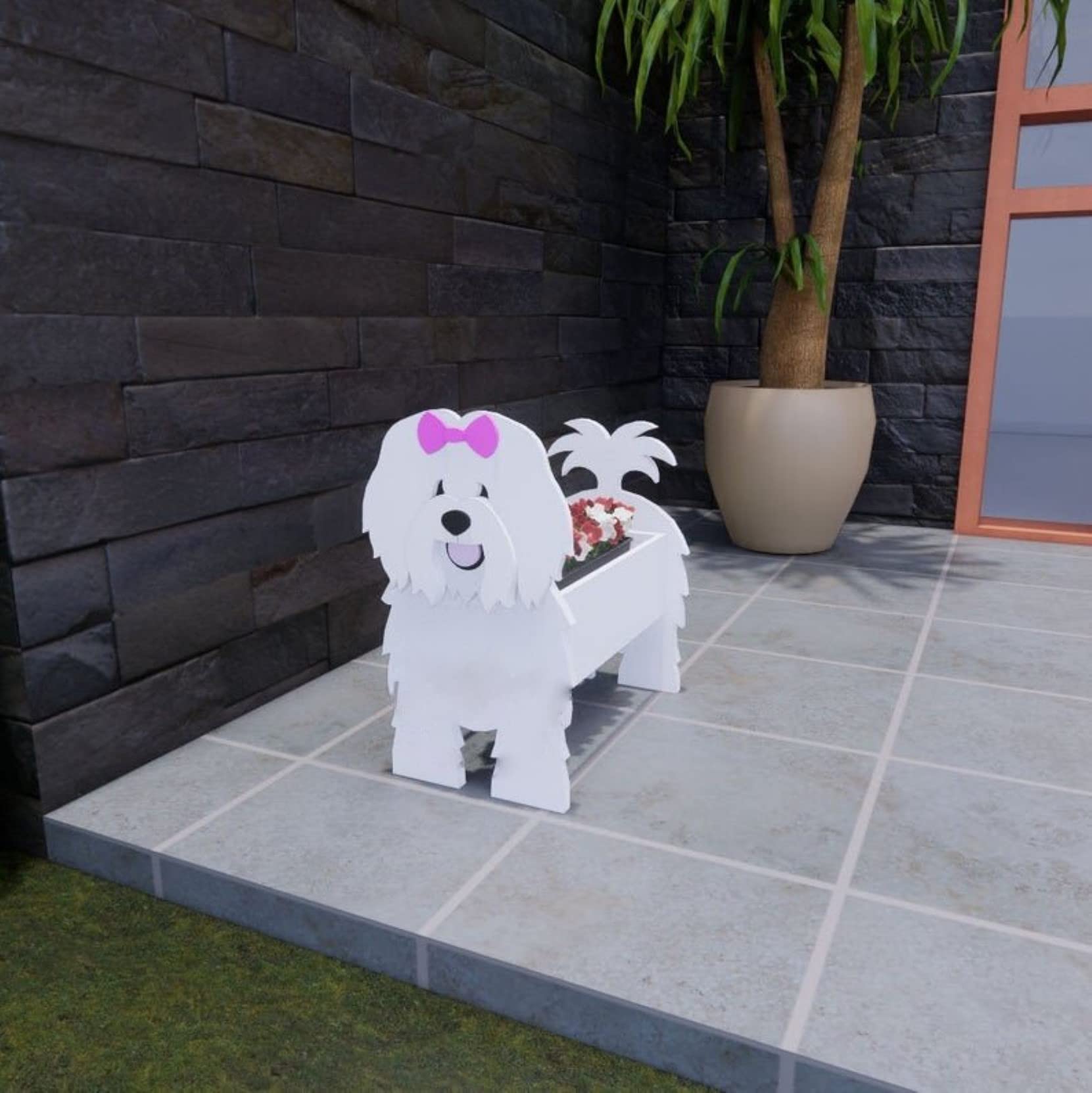 HLASMSPE Coton de Tulear Planter Plant Pot, Flower Pot For Garden Decora, Small Pupy Gifts for Women, Dog Shape Plant Container Holder Dog Storage Box, 43 * 25cm
