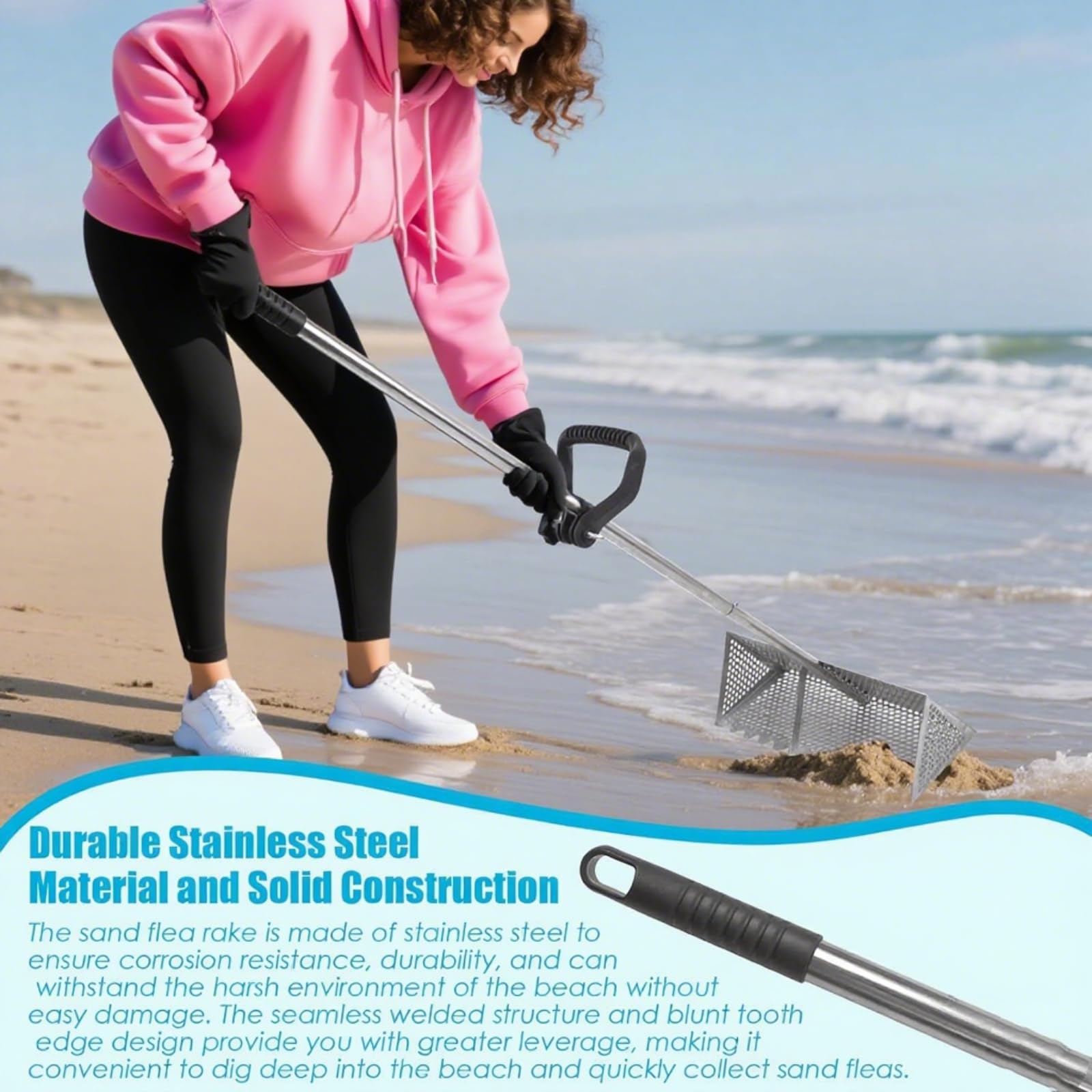 Pullo di Sabbia rastrellano di Sabbia di in Acciaio al Carbonio con Denti contundente e setaccio Staccabile per Impugnatura Non Slip per Giardino da Spiaggia