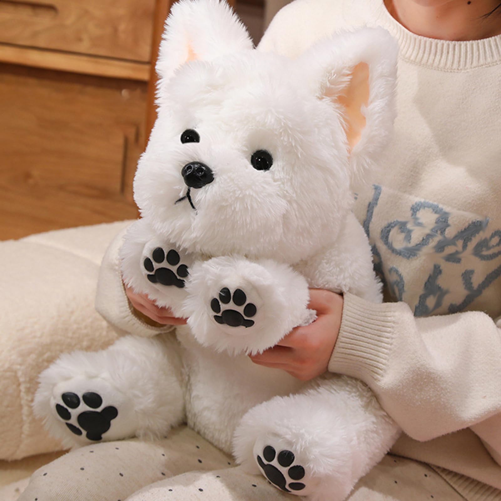 Hund Kuscheltier, 30/45/65cm Klein Weiß Welpe Plüschtier, Stofftier Plüsch Puppe Plüschtiere, Geschenk für Jungen Mädchen (65CM)